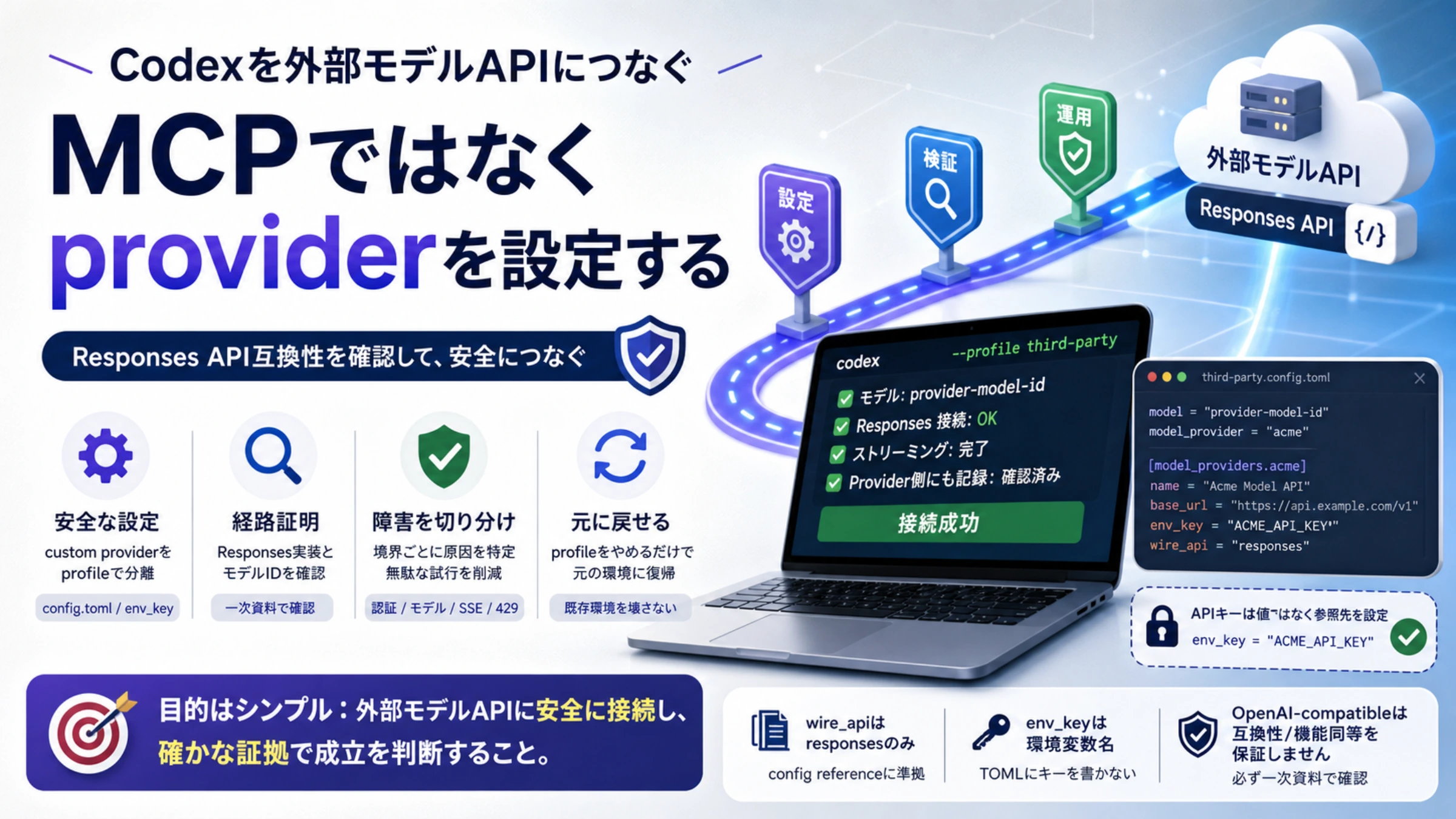 CodexがMCPではなくprovider設定で外部モデルのResponses APIへ安全に接続する図