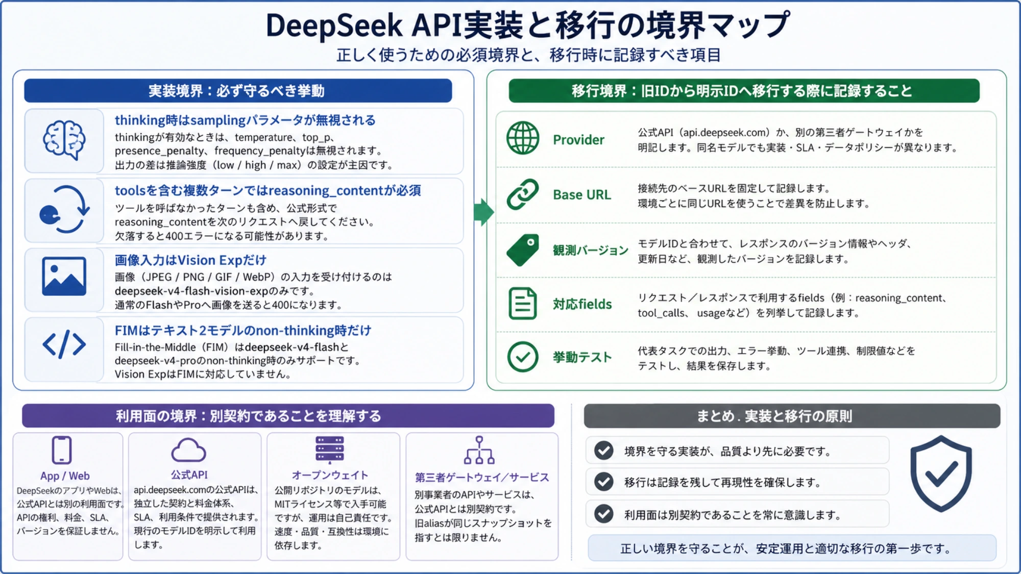 DeepSeek APIのthinking、画像入力、FIM、利用面、旧ID移行に関する実装境界