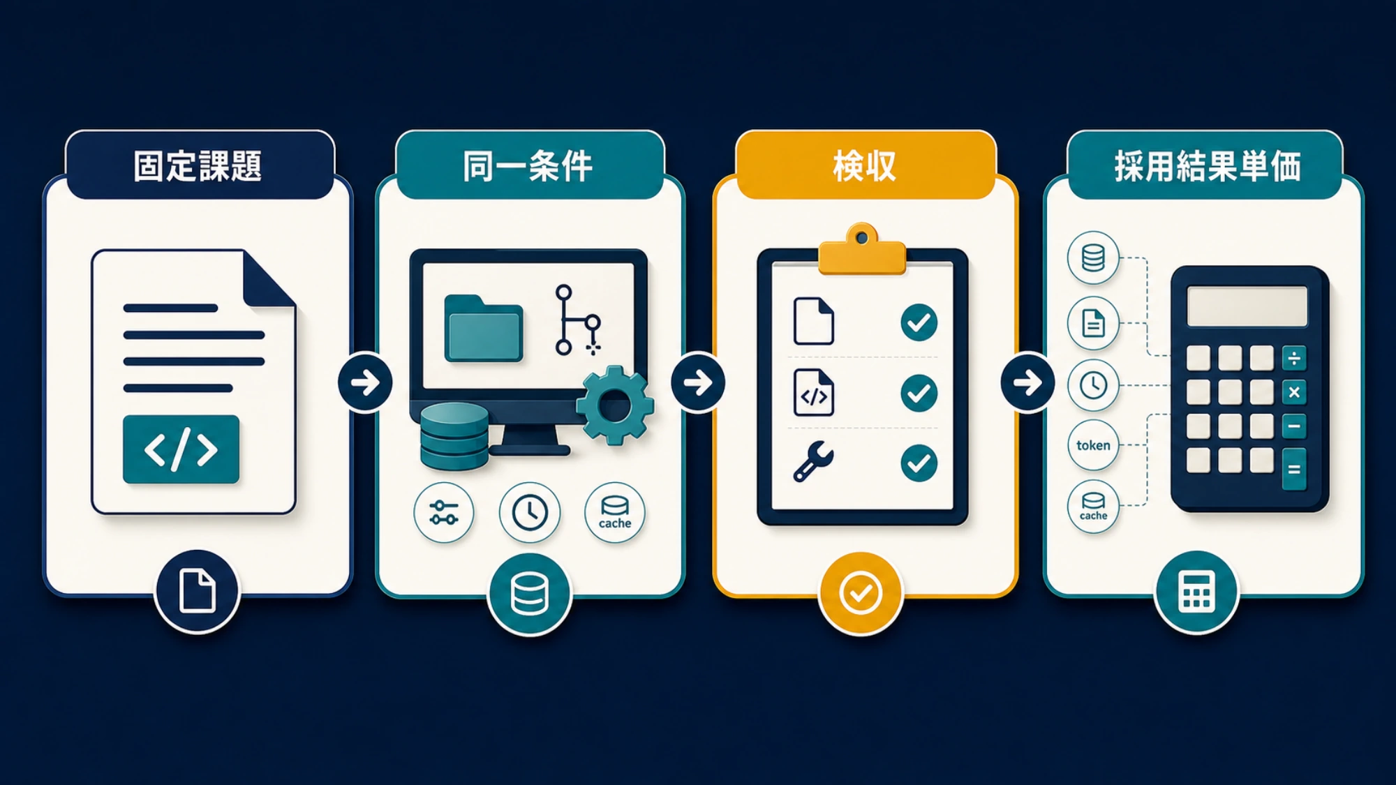 固定課題から採用結果単価までを測る比較テストの流れ