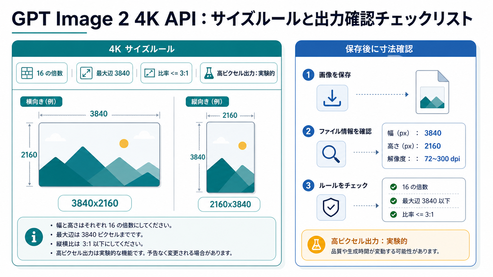 GPT Image 2の4Kサイズ条件、比率、最大辺、保存後確認をまとめた図