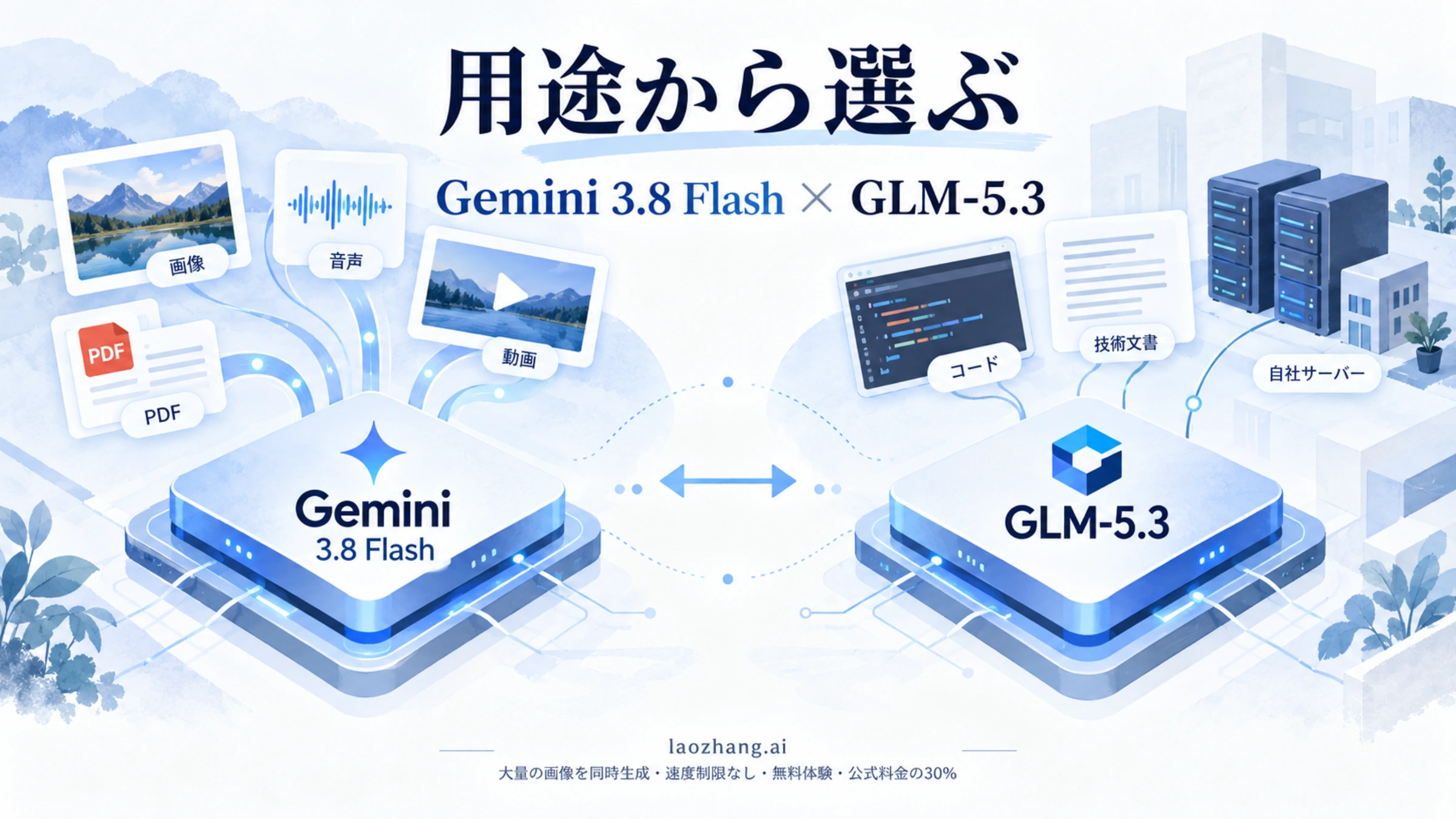 Gemini 3.8 FlashとGLM-5.3を、入力資料と運用方法から比較するイラスト
