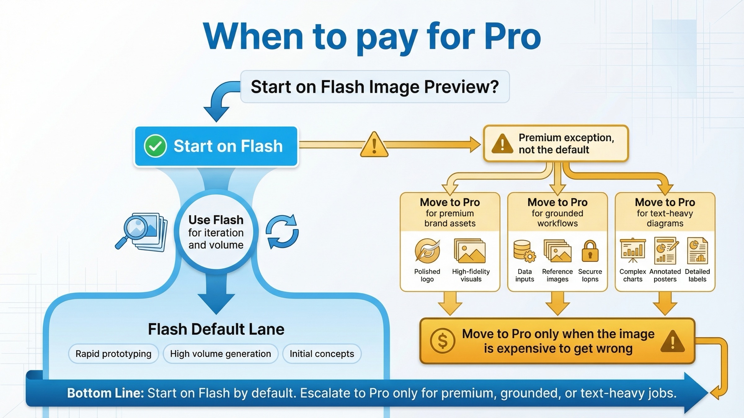 ほとんどの仕事はFlash Image Previewから始め、text-heavy、grounded、高価値アセットだけをProへ上げるべきだと示すルーティング図。