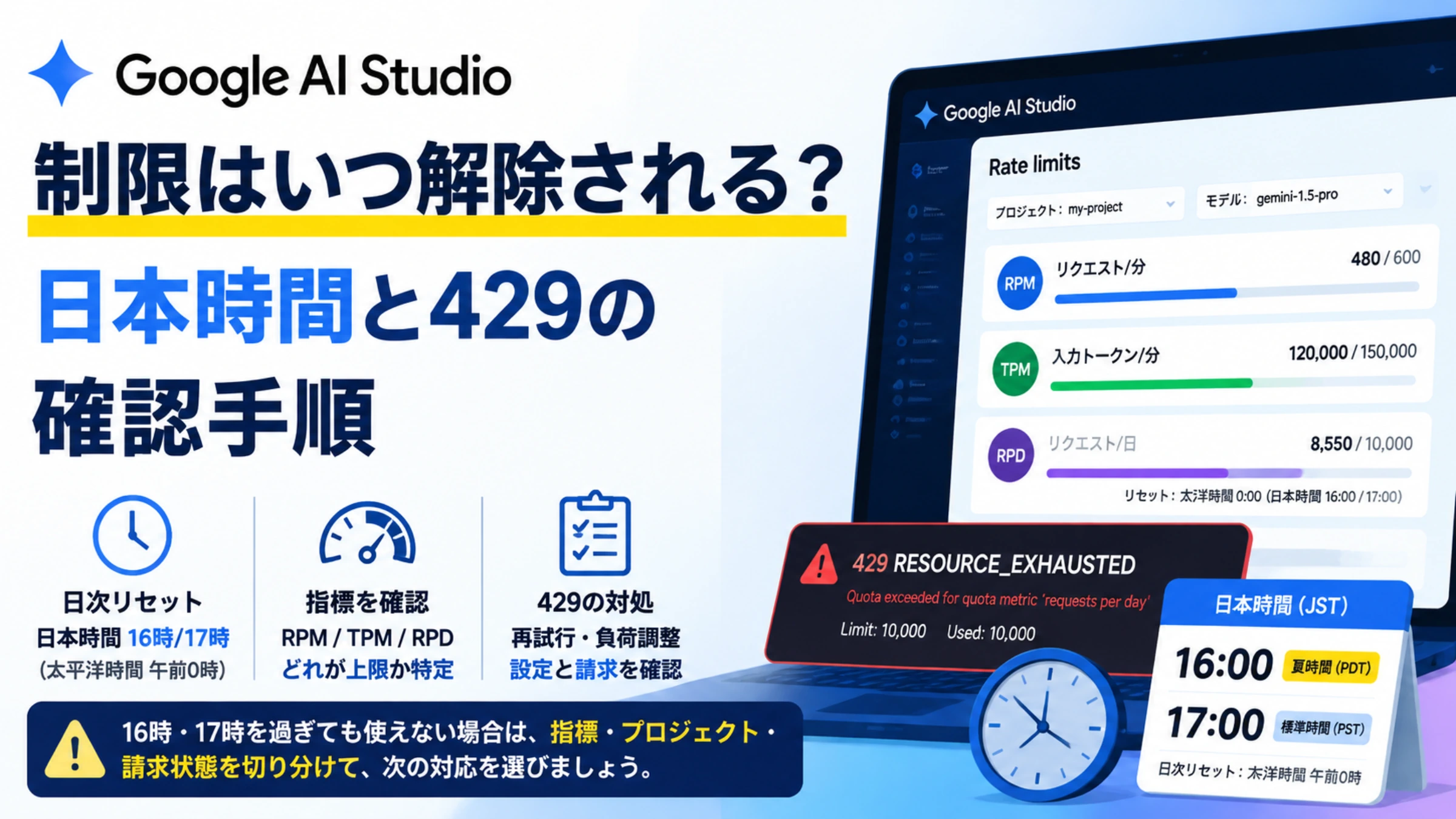 日本時間16時・17時の日次リセットと、RPM・TPM・RPDや請求状態の確認を示す説明図