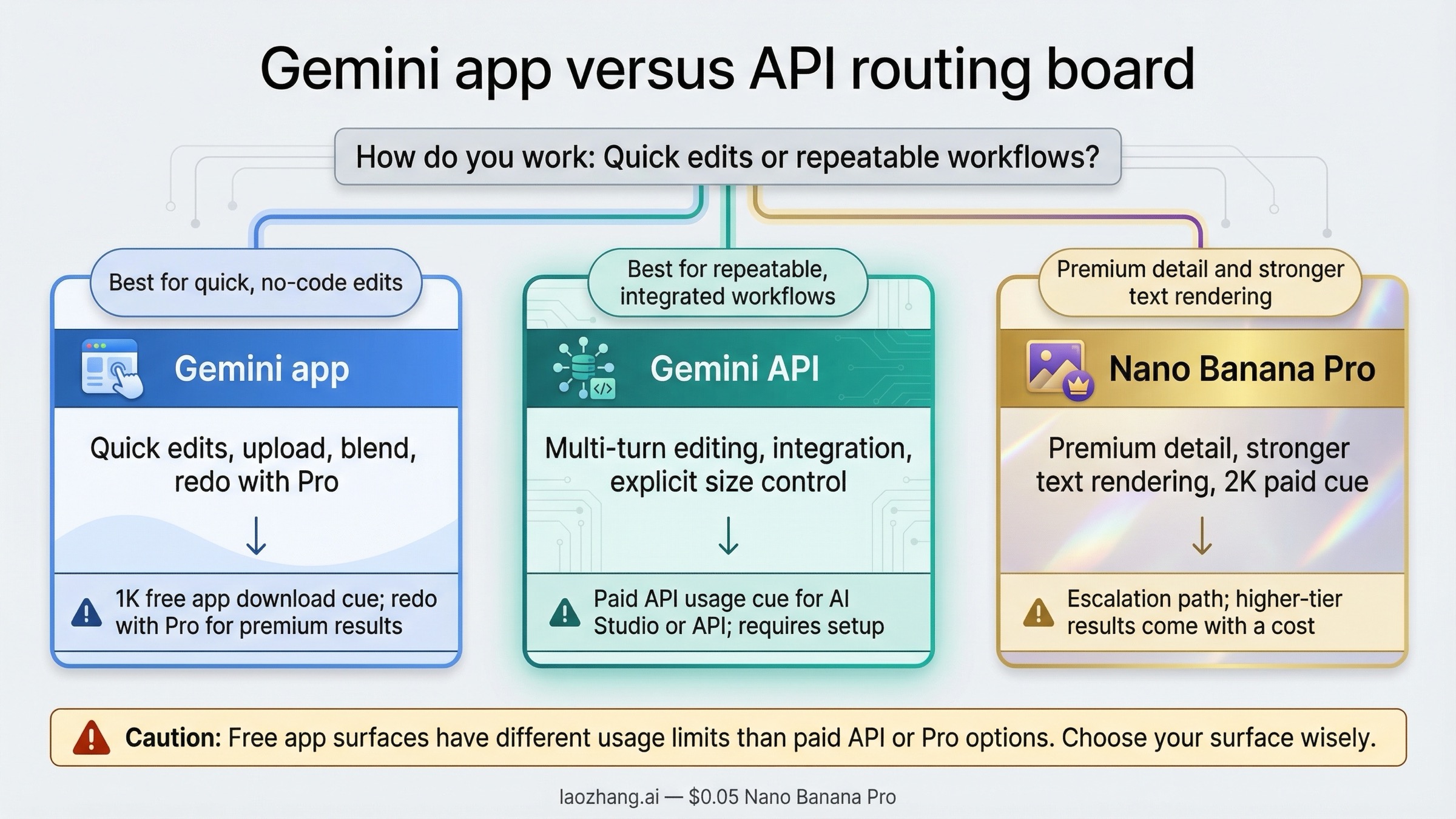 Gemini アプリ、Gemini API、Nano Banana Pro をどの場面で使い分けるべきかを示すルーティング図。