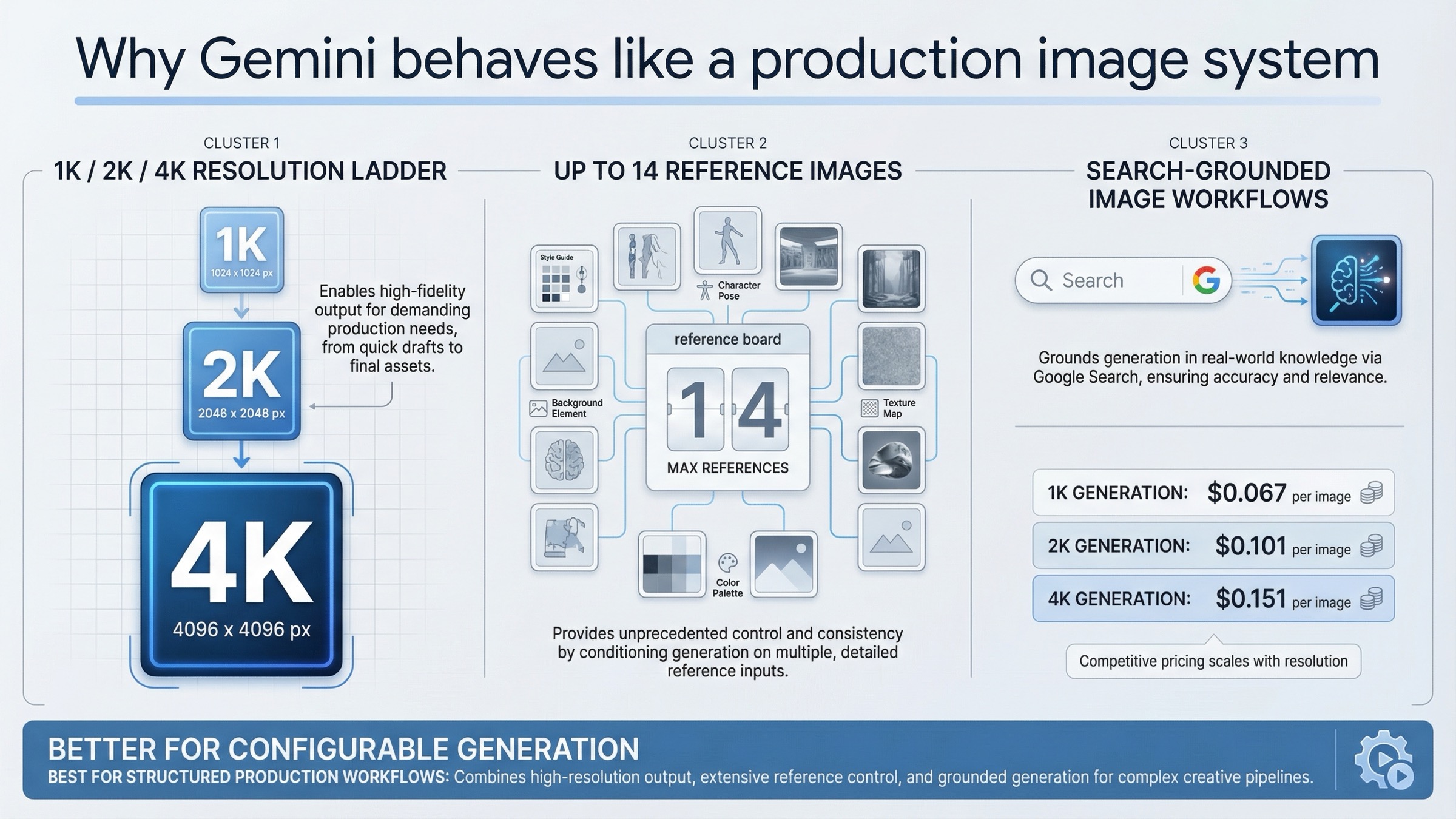 Gemini image-generation advantages board showing 1K, 2K, and 4K output, up to 14 reference images, Google Search grounding, and current price cues.