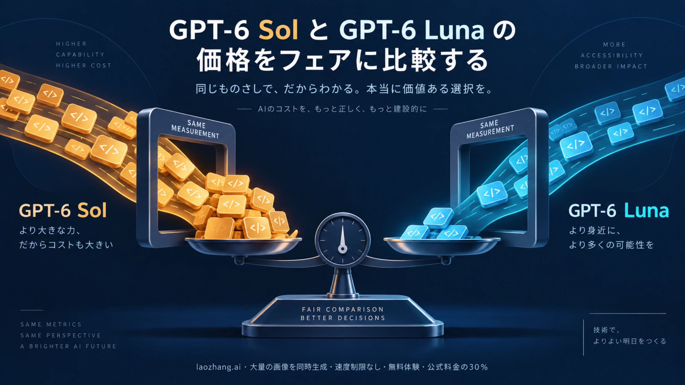 同じ尺度でGPT-6 SolとLunaの処理量と費用を比べるイラスト