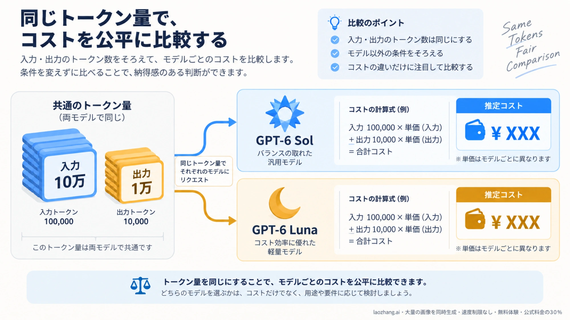 同じ入力・出力トークン数を両モデルに当てはめて費用を比較する図
