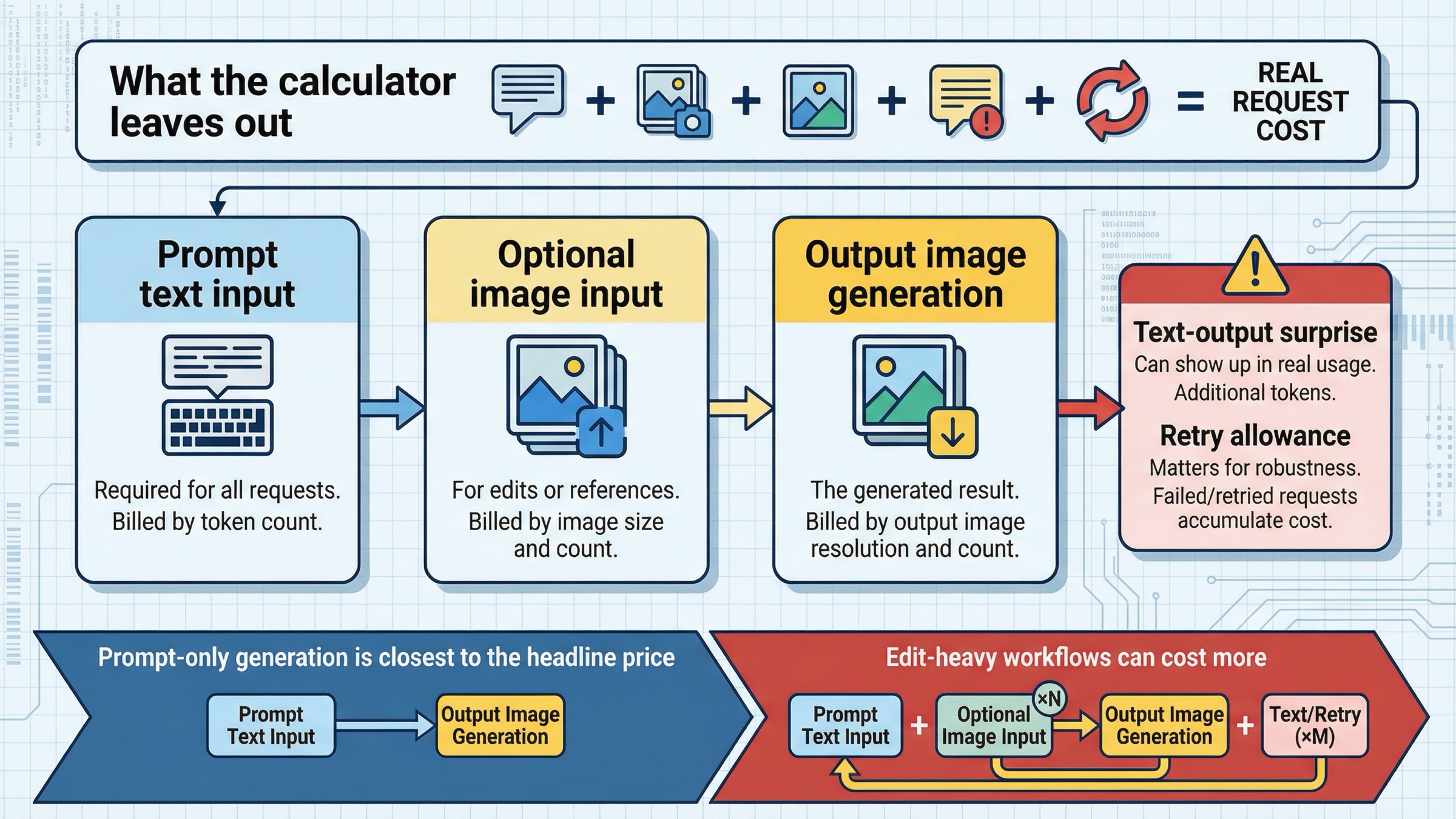 GPT Image 1.5 の請求が prompt text、input images、output image、再試行余地で構成されることを示すコスト構造図