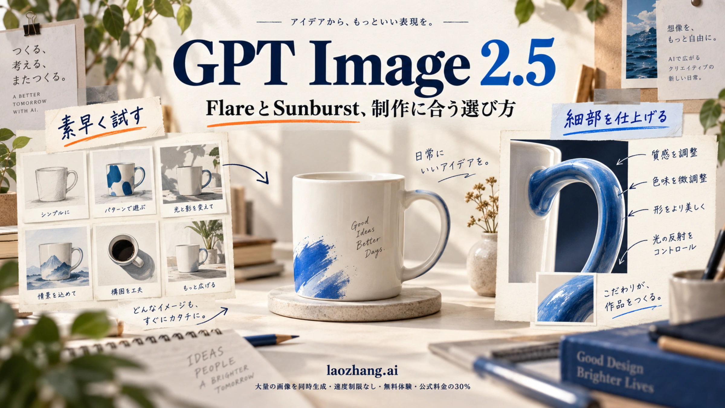 マグカップの商品画像を題材に、アイデア展開と細部の仕上げを示すGPT Image 2.5のイメージ