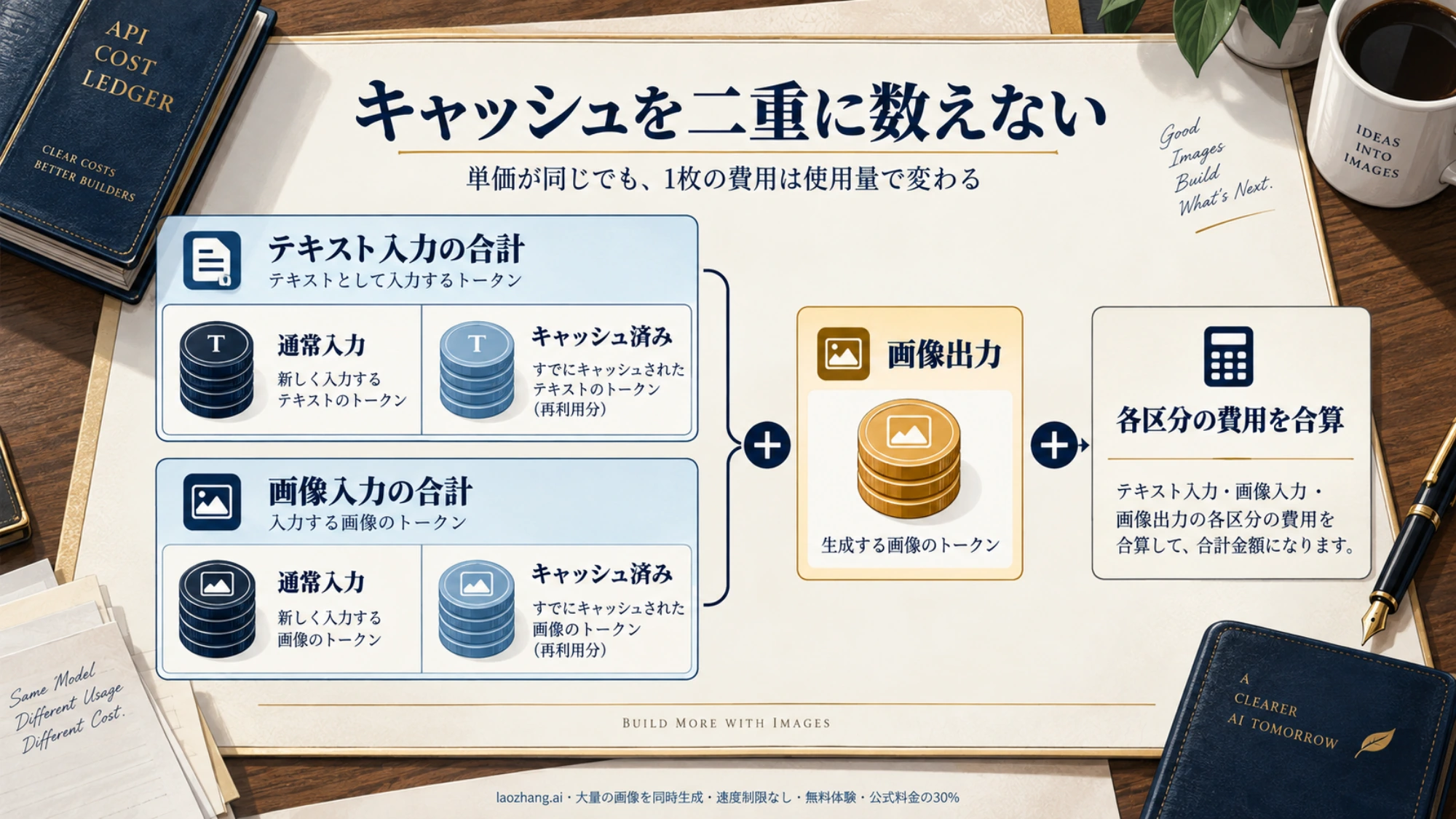 テキストと画像の入力を通常分とキャッシュ済み分に分け、画像出力の費用と合わせる考え方