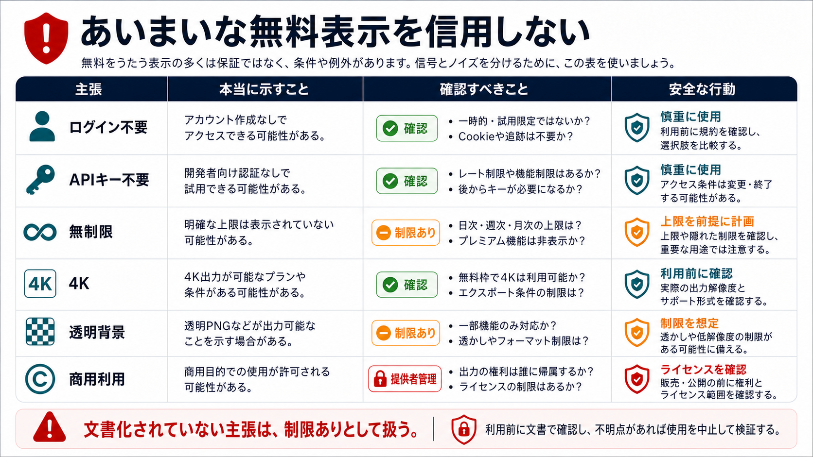 ログイン不要、APIキー不要、無制限、4K、透明背景、商用利用の表示を確認する境界マトリクス