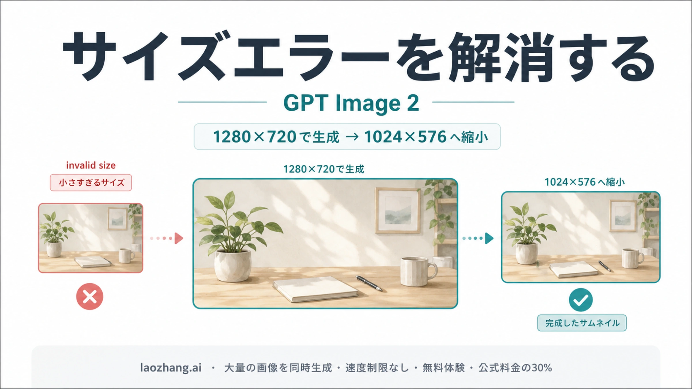 サイズエラーから画像生成、サムネイルへの縮小までを示す図