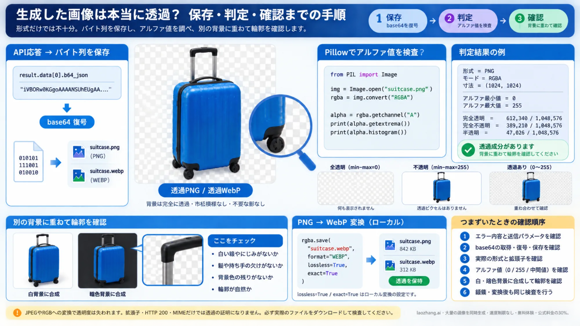 旅行かばんの画像で透過の有無と輪郭を調べ、WebP変換後も確認する手順