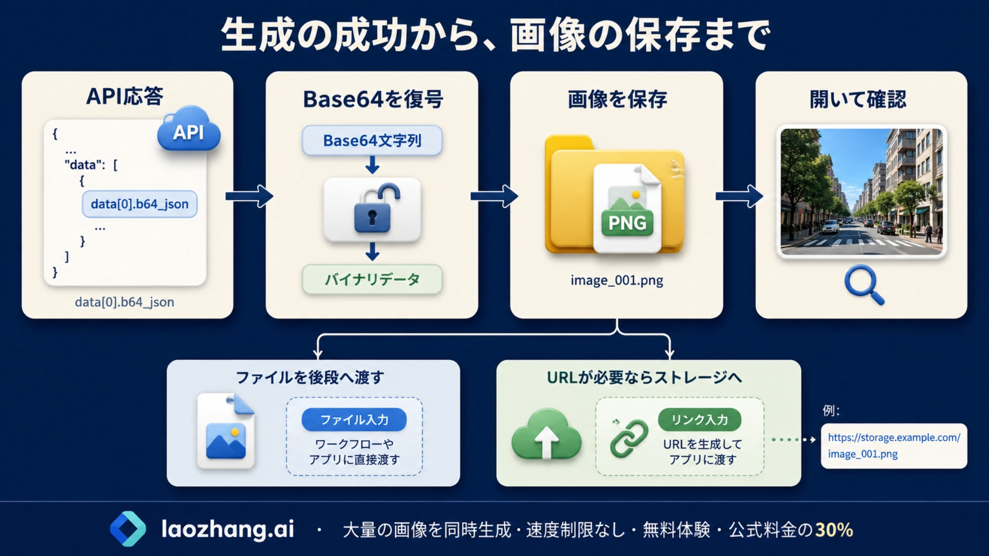 API応答のBase64を画像ファイルへ復号し、保存と表示確認を経て後段に渡す流れ