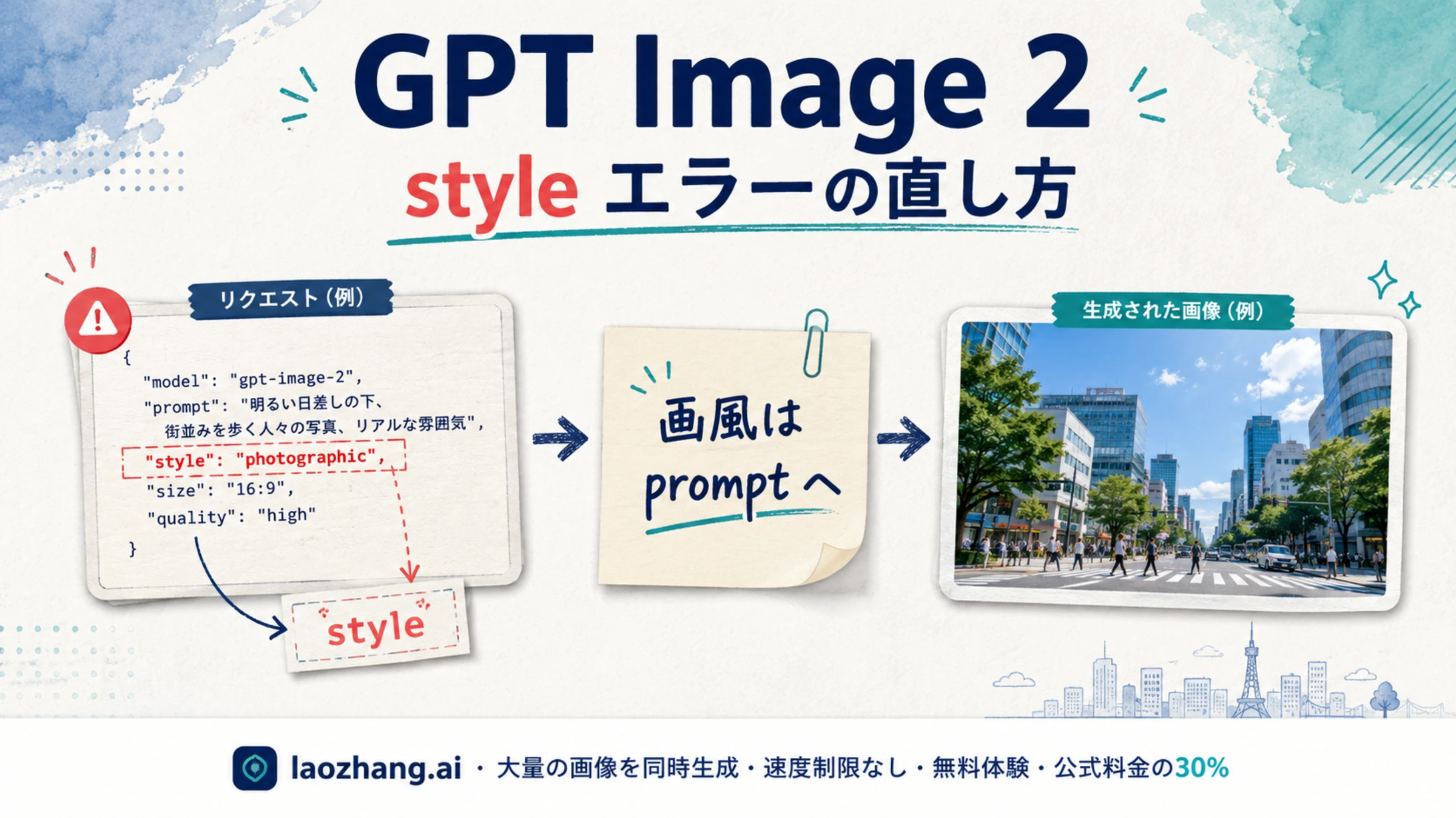 GPT Image 2のリクエストからstyleを取り除き、画風をpromptへ移す説明図