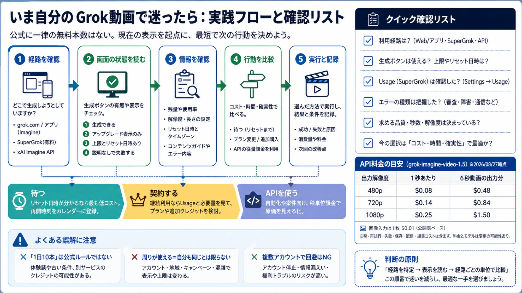 Grok動画で迷ったときに経路、画面状態、必要情報、コストを確認し、待機・契約・APIへ進む実践フロー