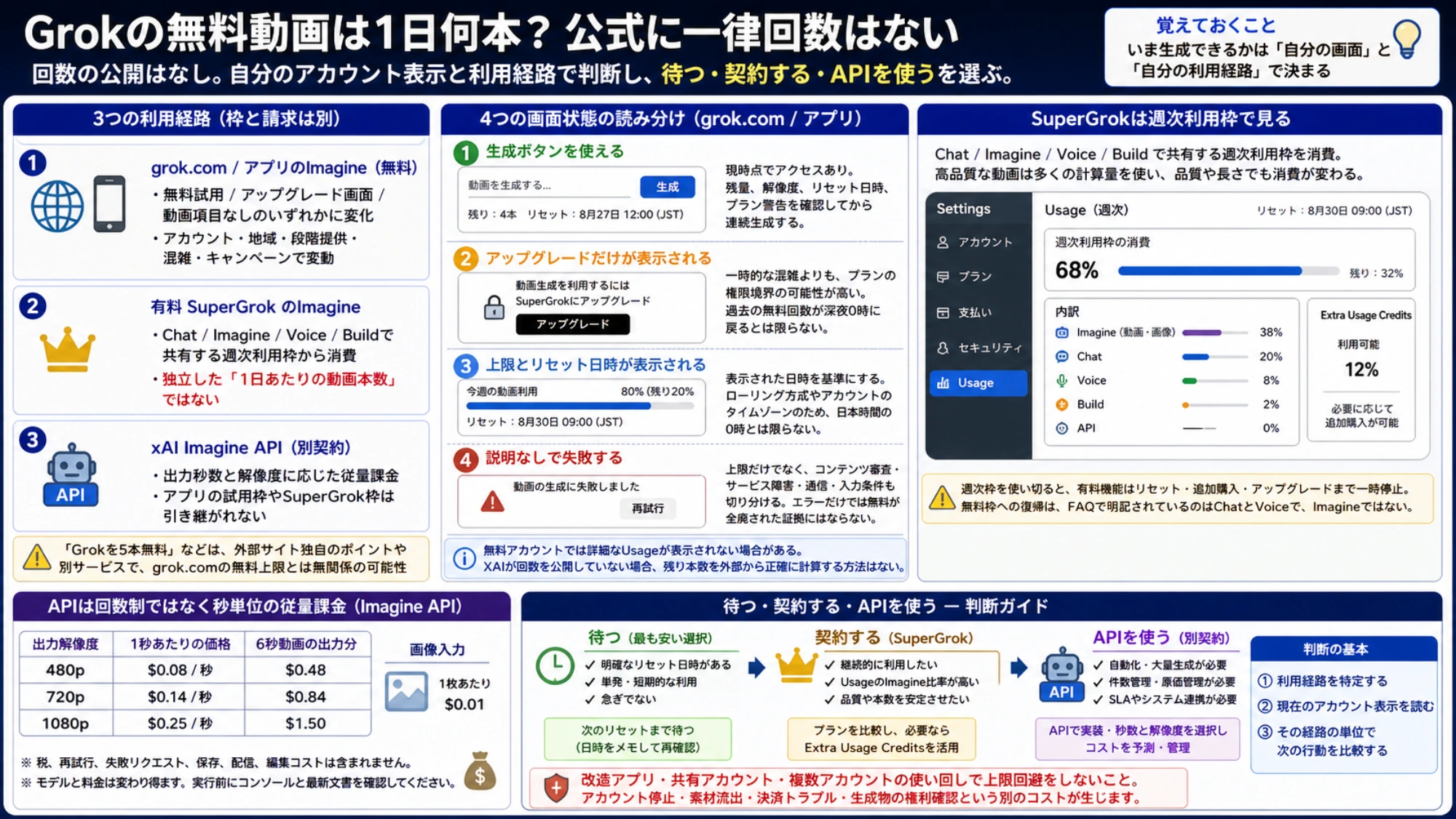 Grok Webとアプリ、SuperGrok、Imagine APIの3経路、4つの画面状態、週次Usage、API料金を比較した日本語ガイド