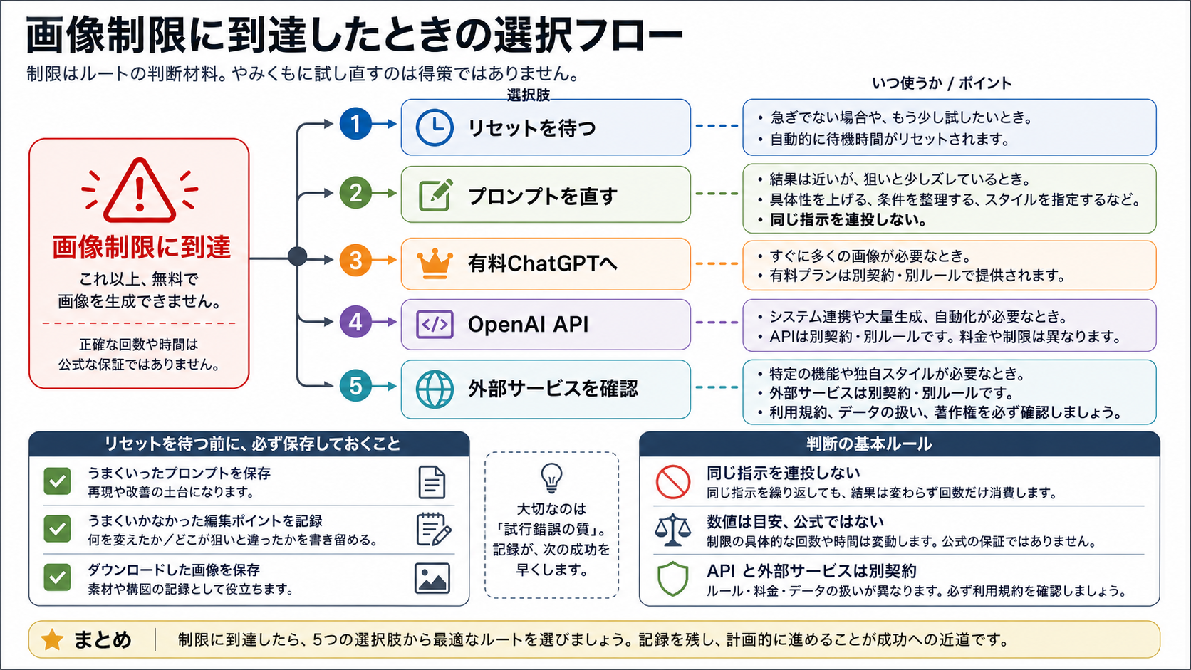 ChatGPTの画像制限後に待つ、プロンプトを直す、有料プラン、API、外部サービスを選ぶ分岐図。