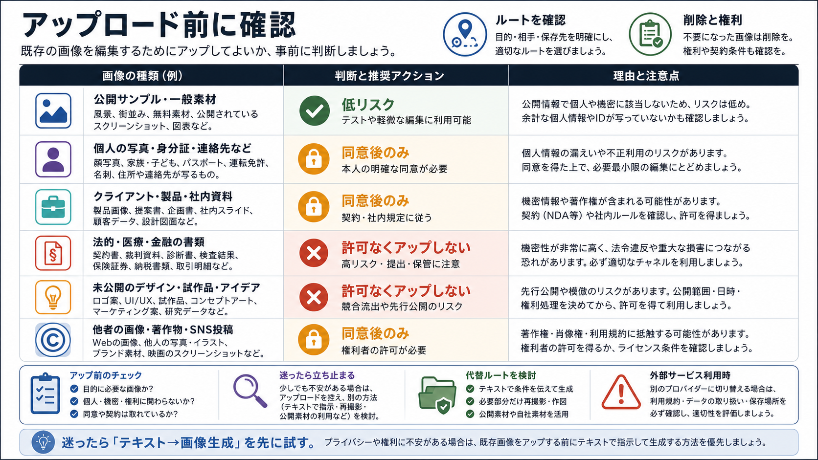 個人写真、顧客素材、機密ファイルをChatGPTにアップロードする前の安全確認ボード。