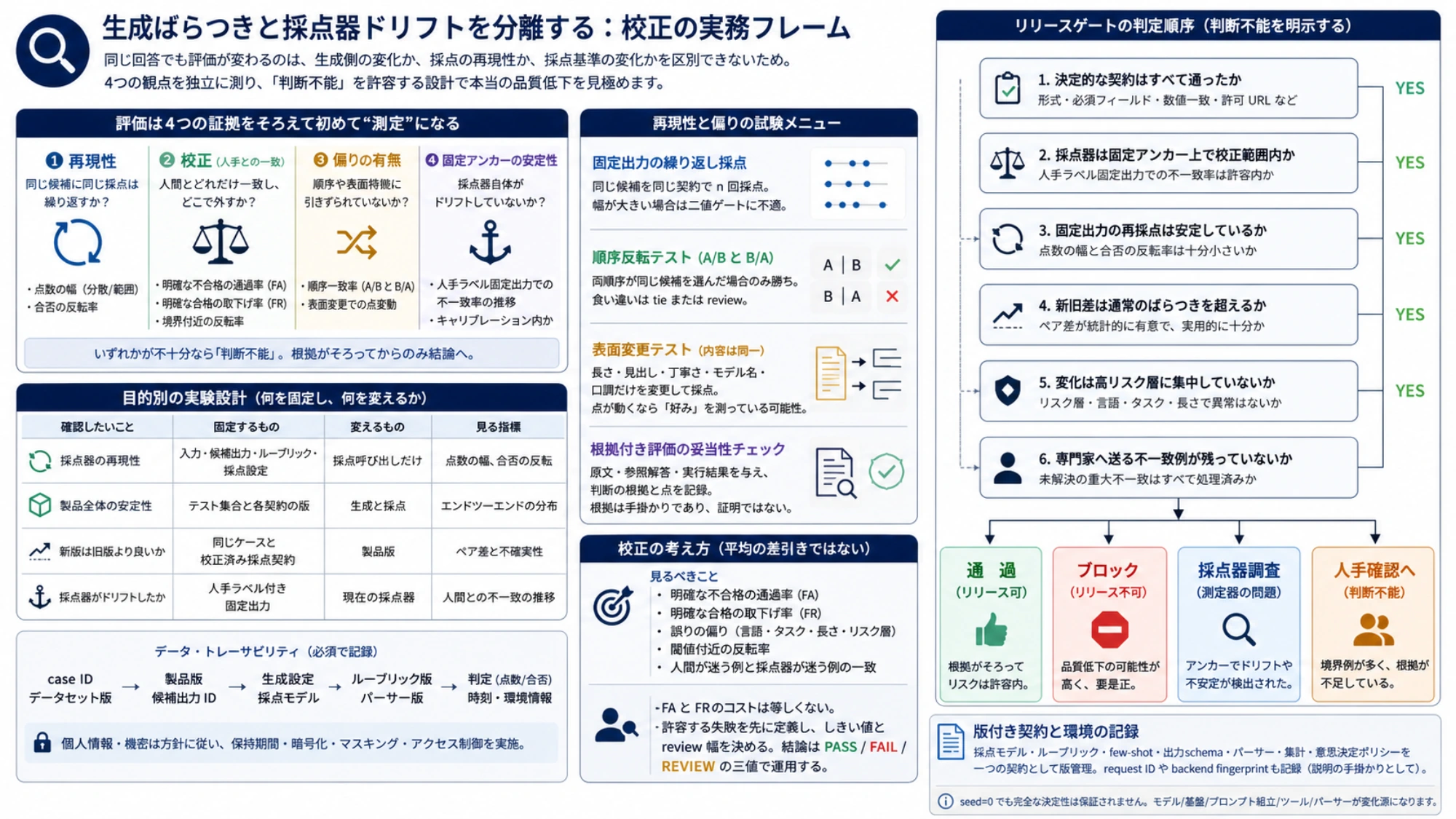 生成ばらつきと採点器ドリフトを分離する校正フレームで、四つの証拠、試験メニュー、目的別実験とリリース分岐を表示