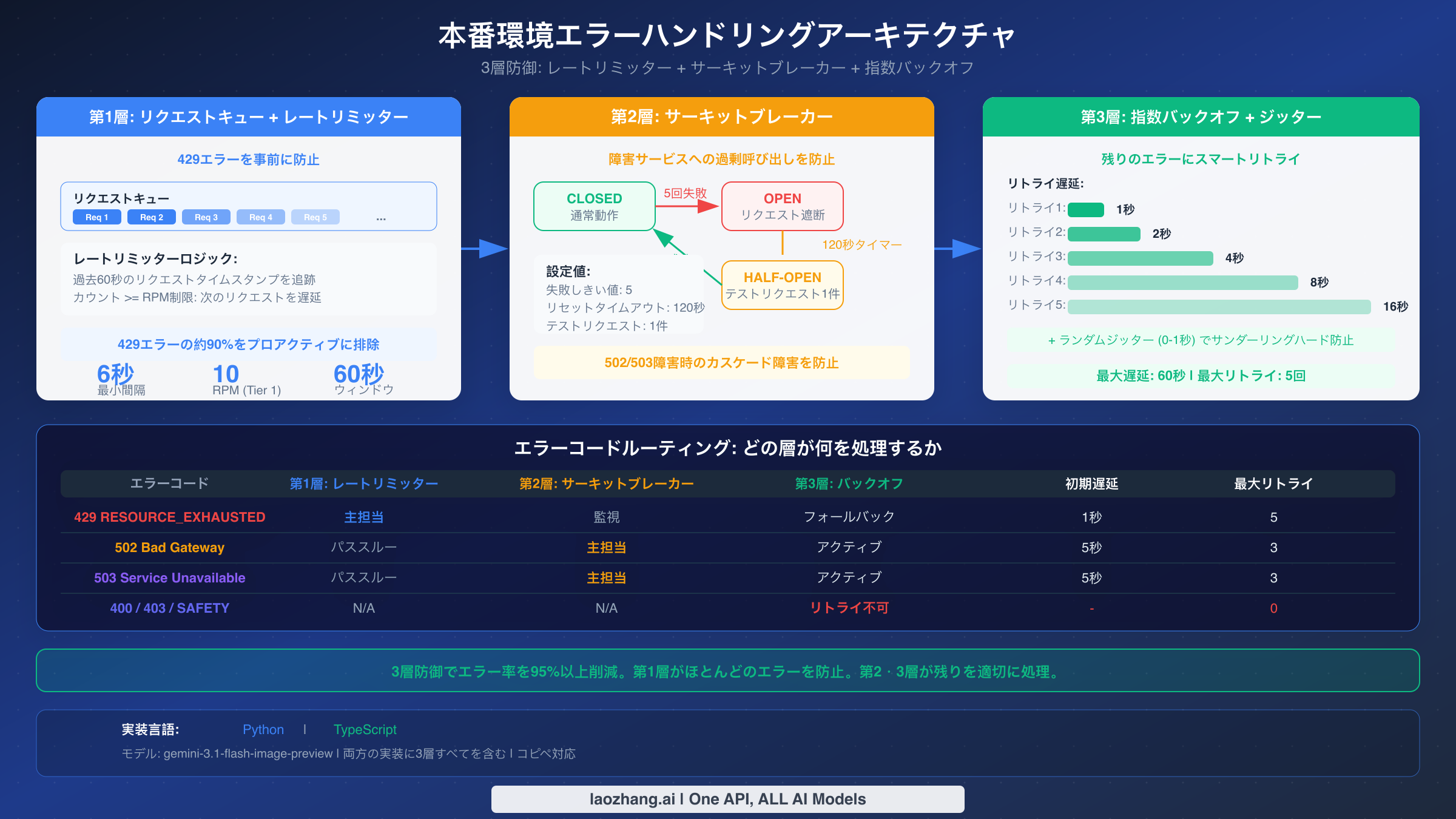 本番環境のエラーハンドリングアーキテクチャ：レートリミッター、サーキットブレーカー、指数バックオフの3層防御構造