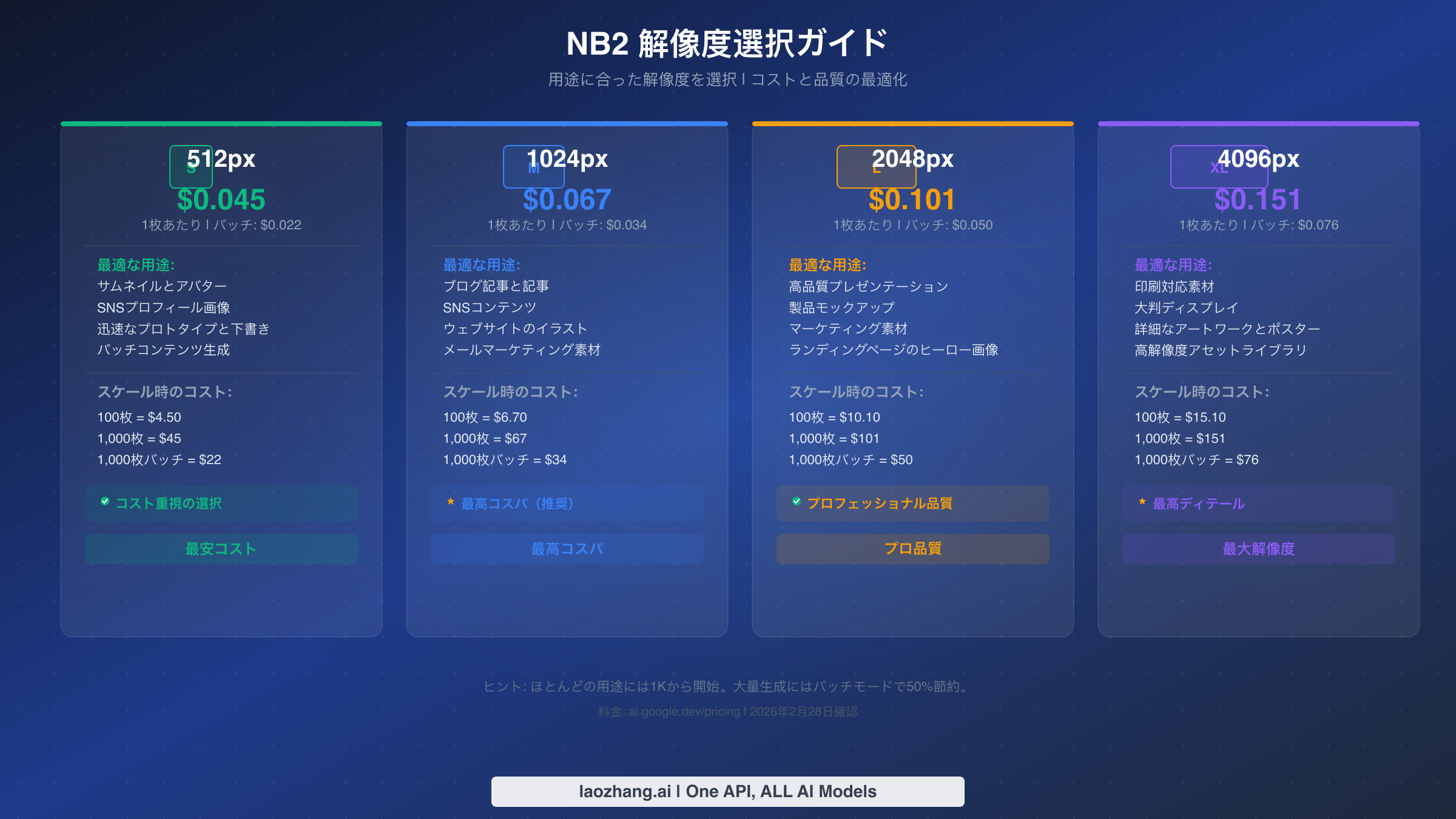 NB2解像度選択ガイド：512px、1K、2K、4Kオプションの料金比較