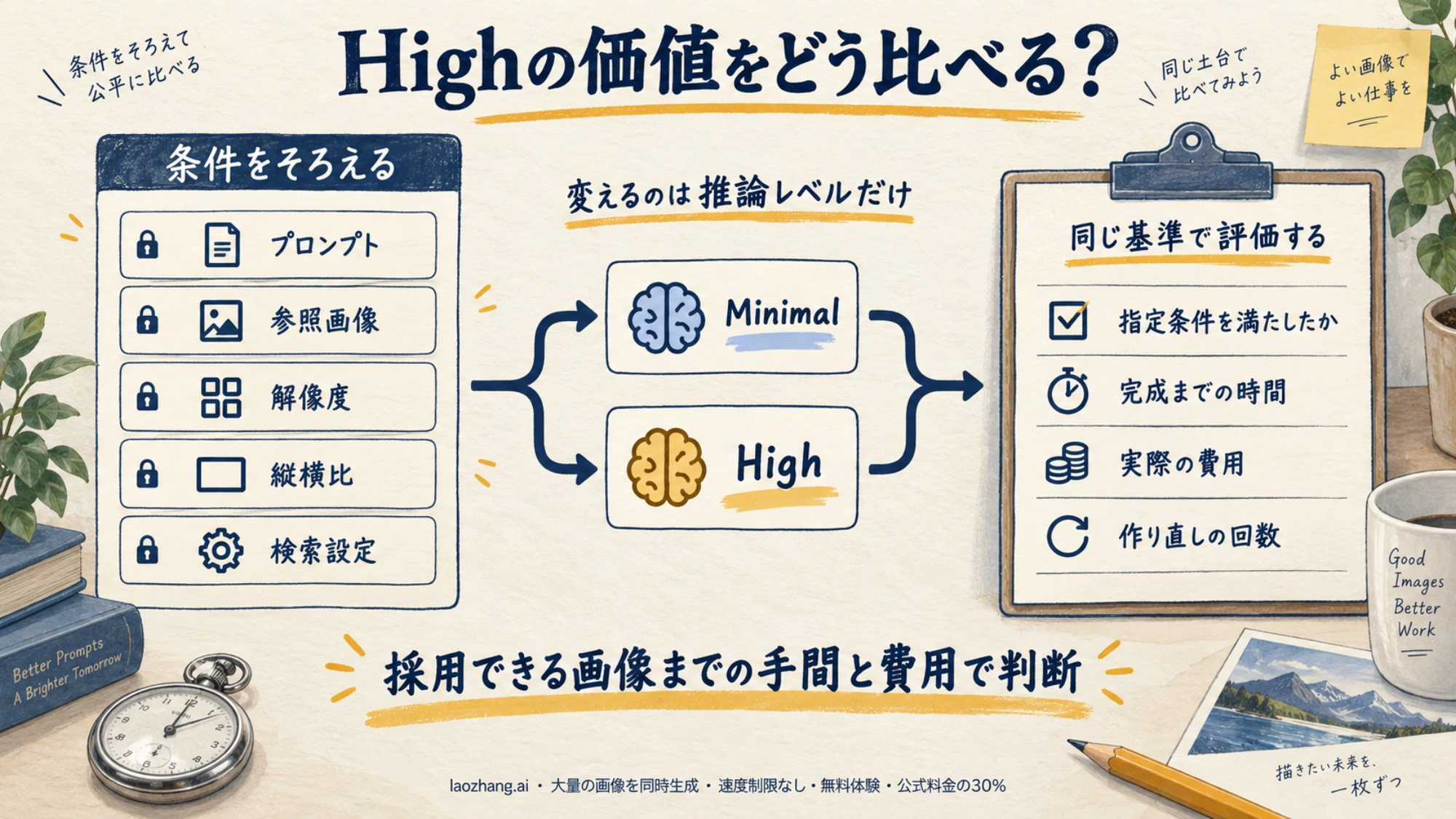 条件をそろえてMinimalとHighを比較し、指定条件、時間、費用、作り直しの回数を記録する説明図
