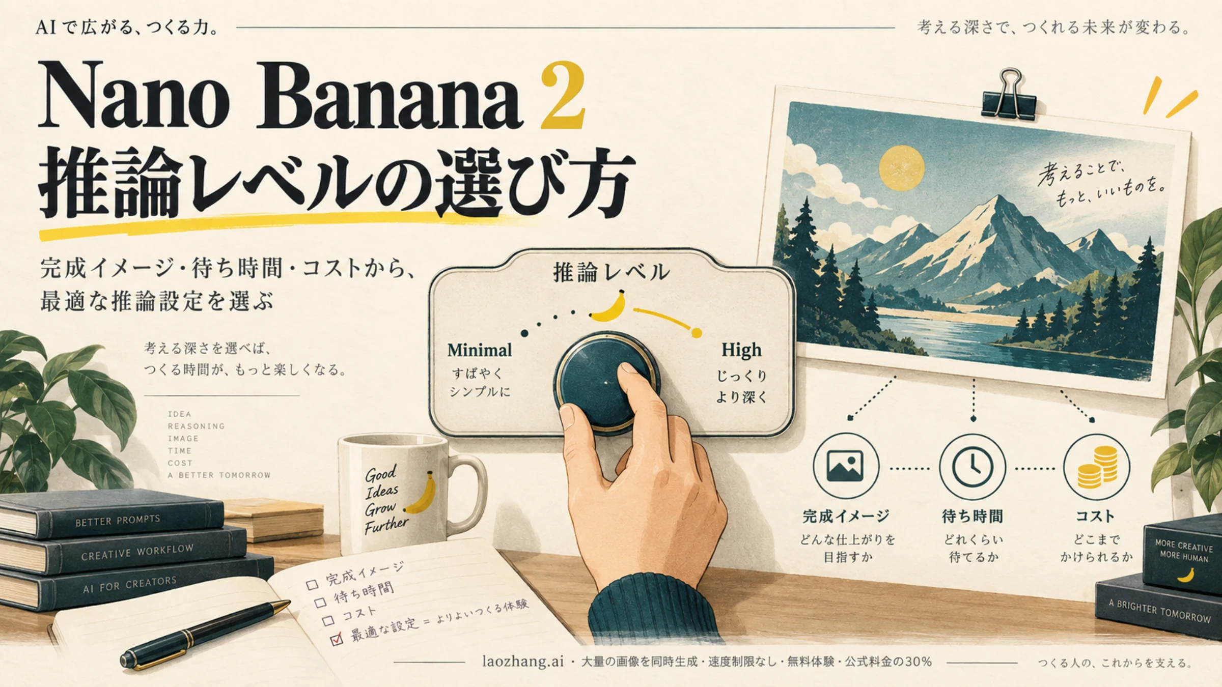 推論レベルの切り替えと完成画像、待ち時間、費用を表したイラスト