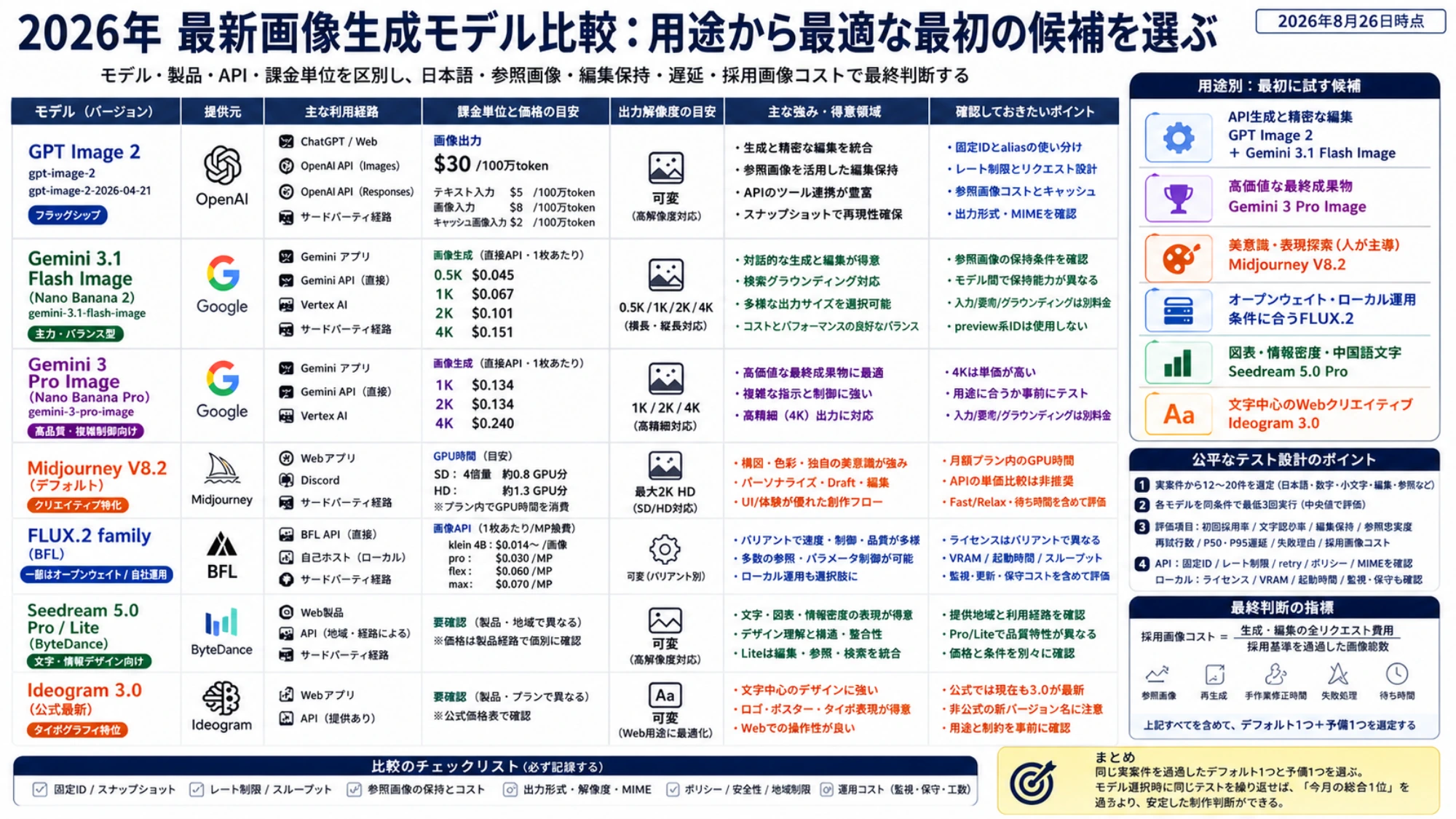 2026年の主要画像生成モデルを現行ID、利用経路、課金単位、用途、注意点で比較した一覧