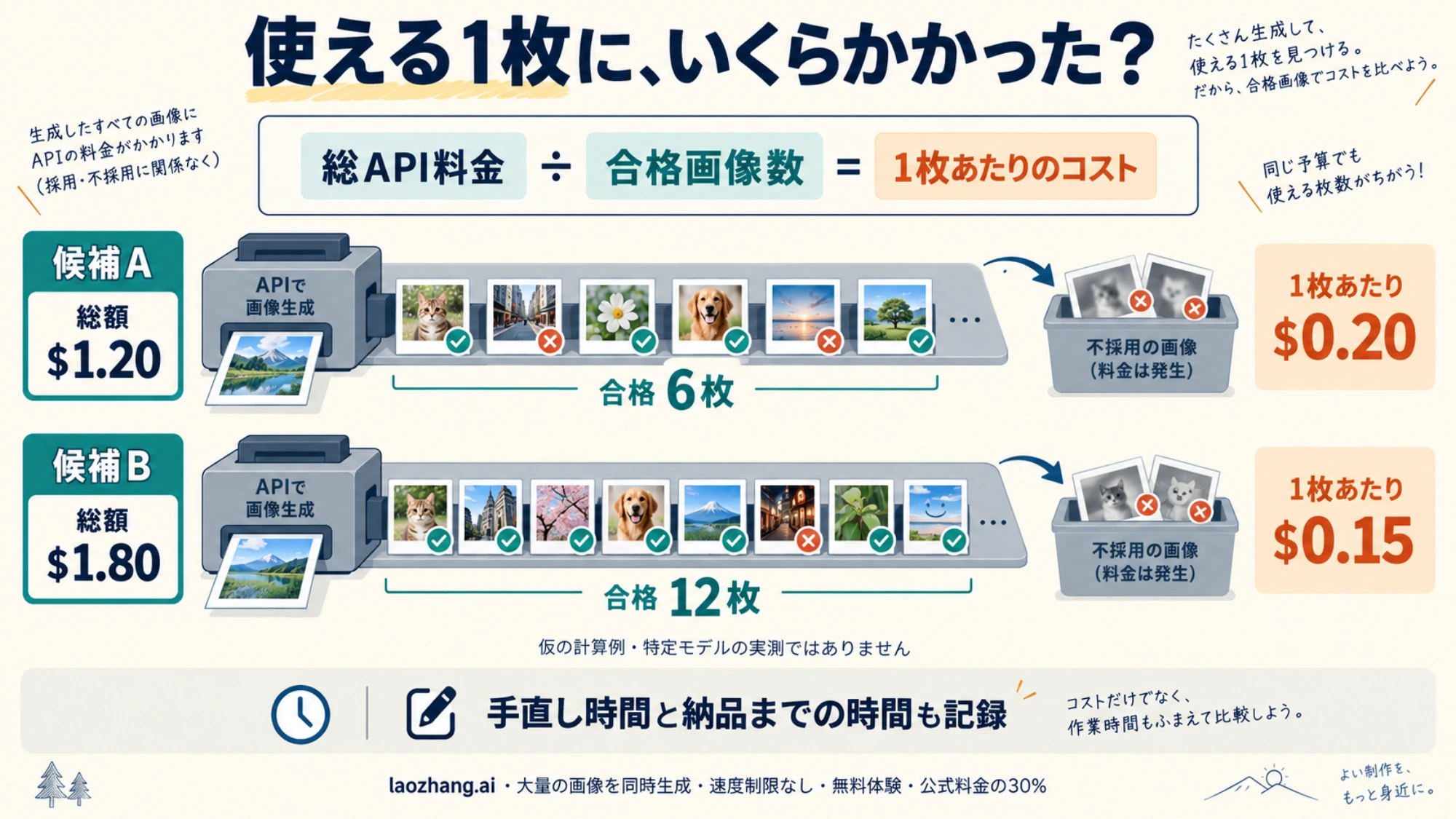 生成に払った総額と合格画像数から、使える1枚の費用を比較する計算例の概念図