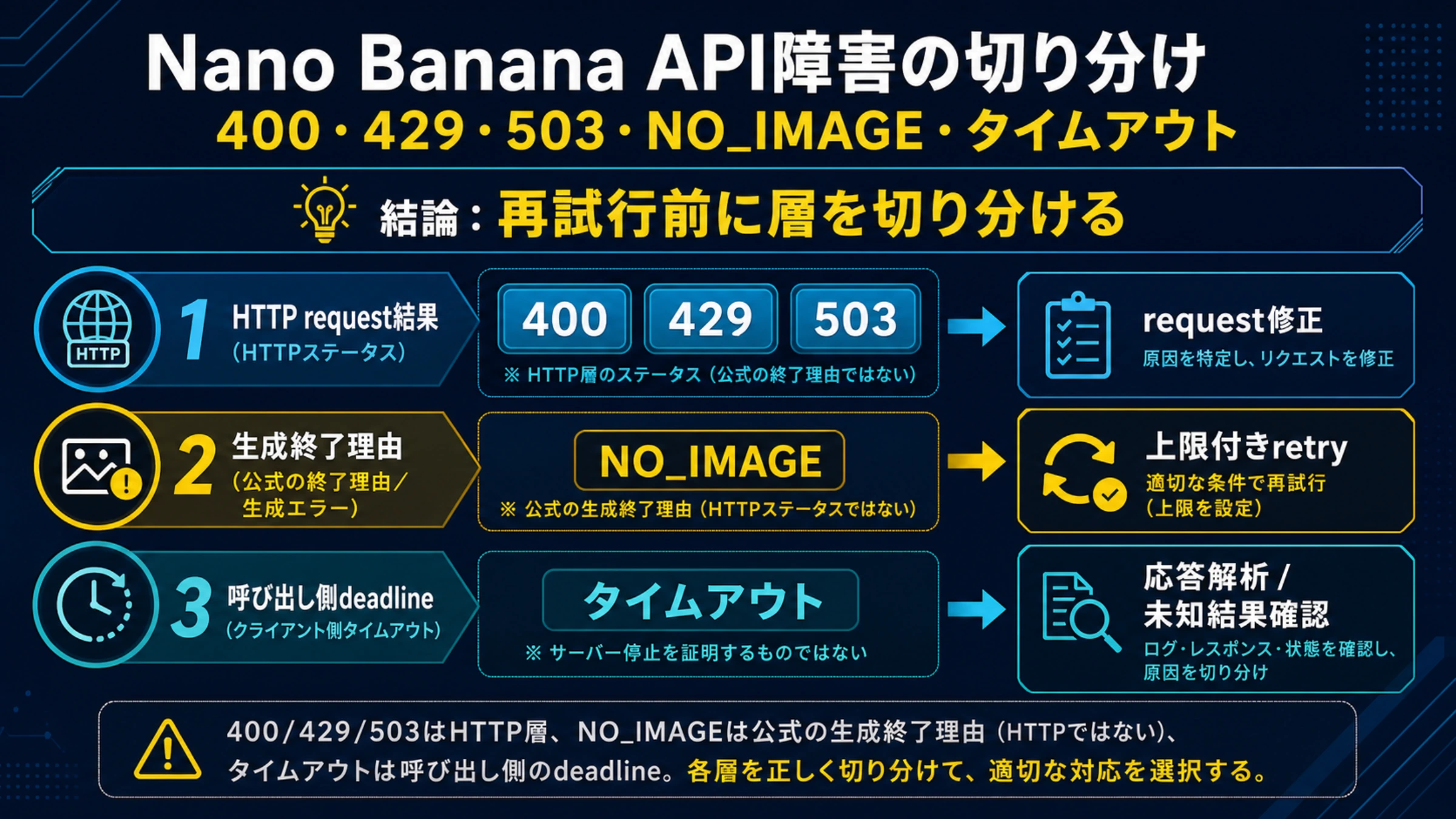 Nano Banana API障害の切り分け：400・429・503・NO_IMAGE・タイムアウト