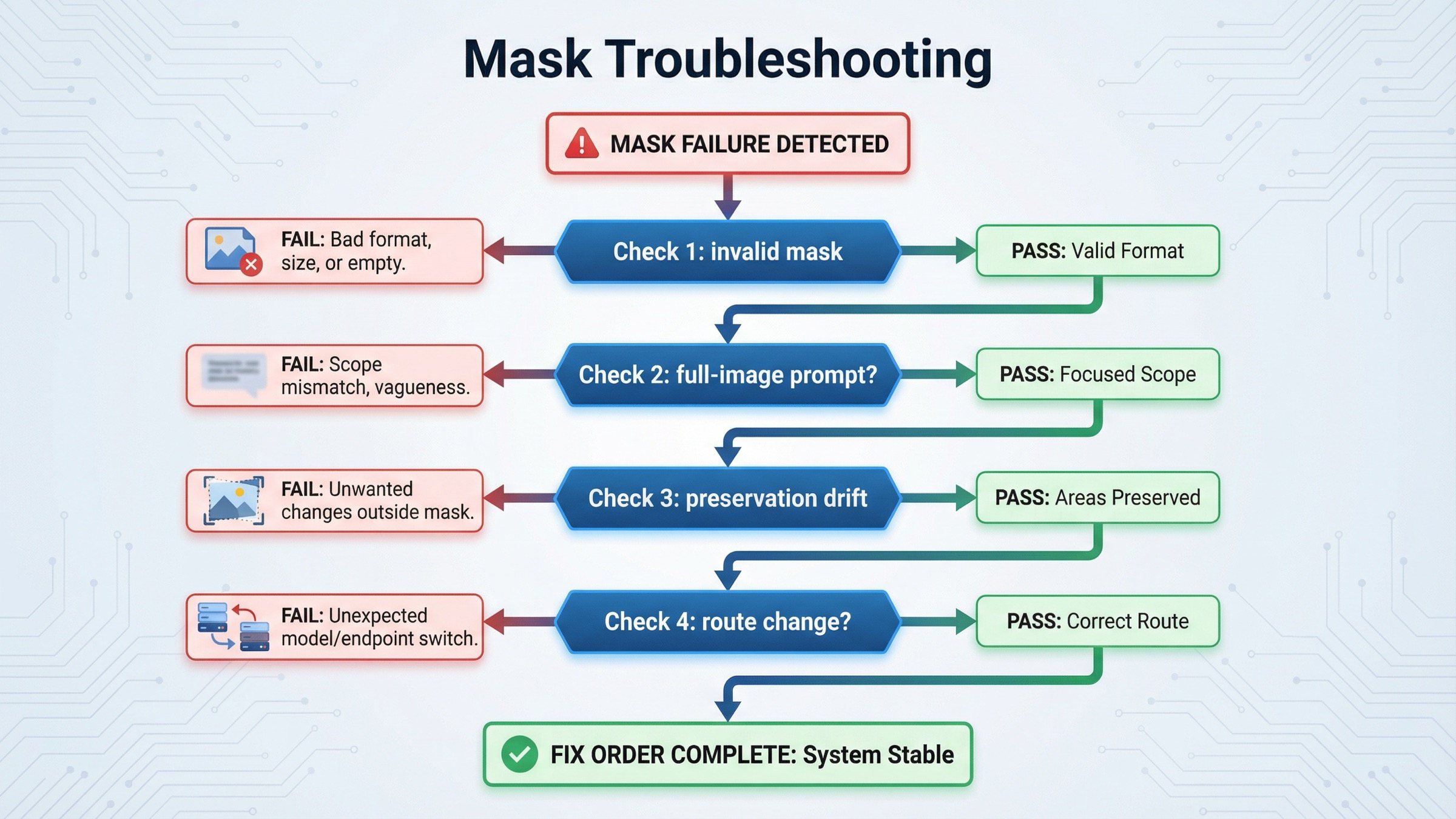 OpenAI image edit mask の troubleshooting flow。invalid files、vague prompt、preservation drift、route change を整理している