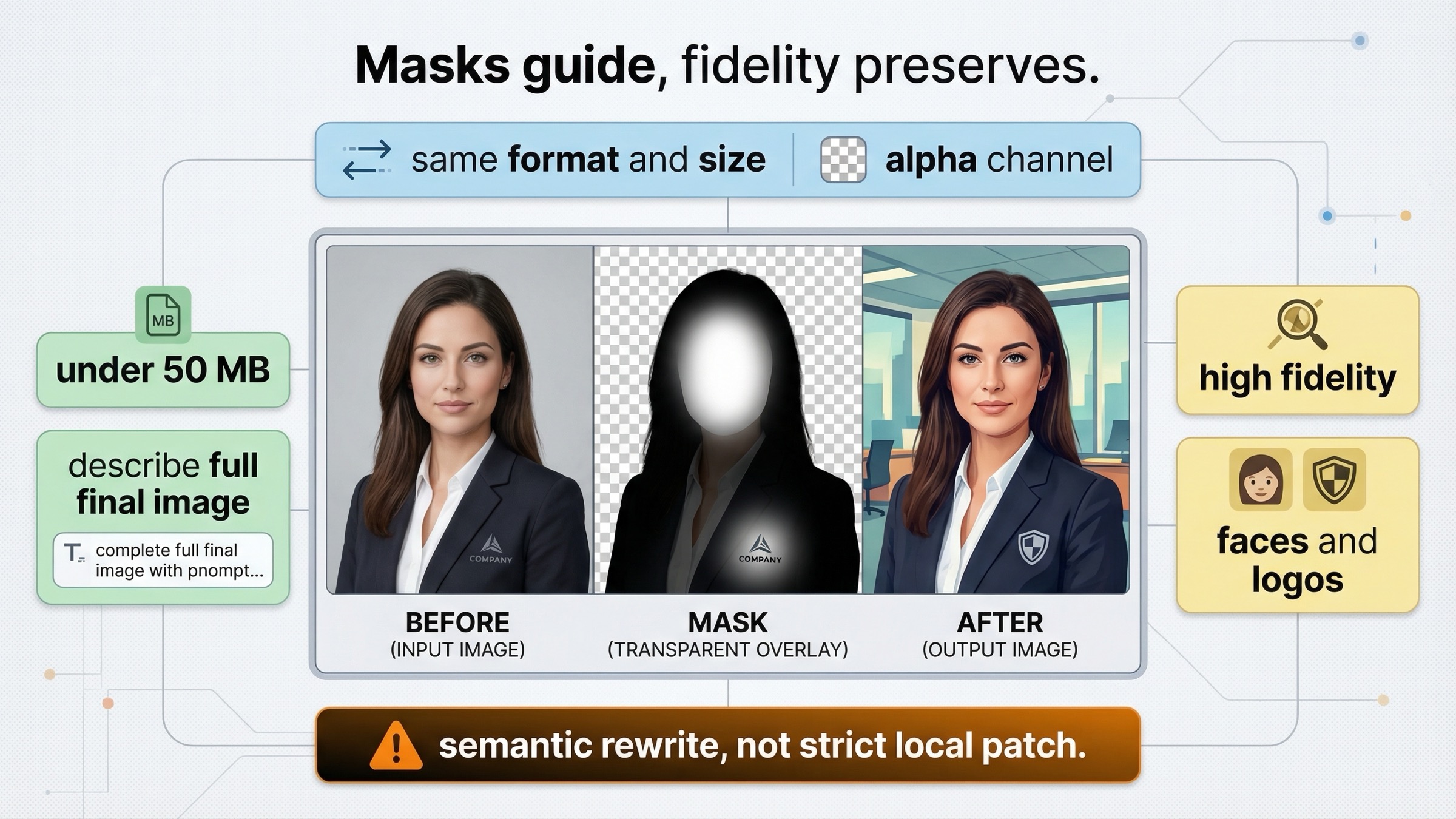 mask の要件、preservation rules、strict local patch ではなく semantic rewrite であることを示す mask と input fidelity の説明図