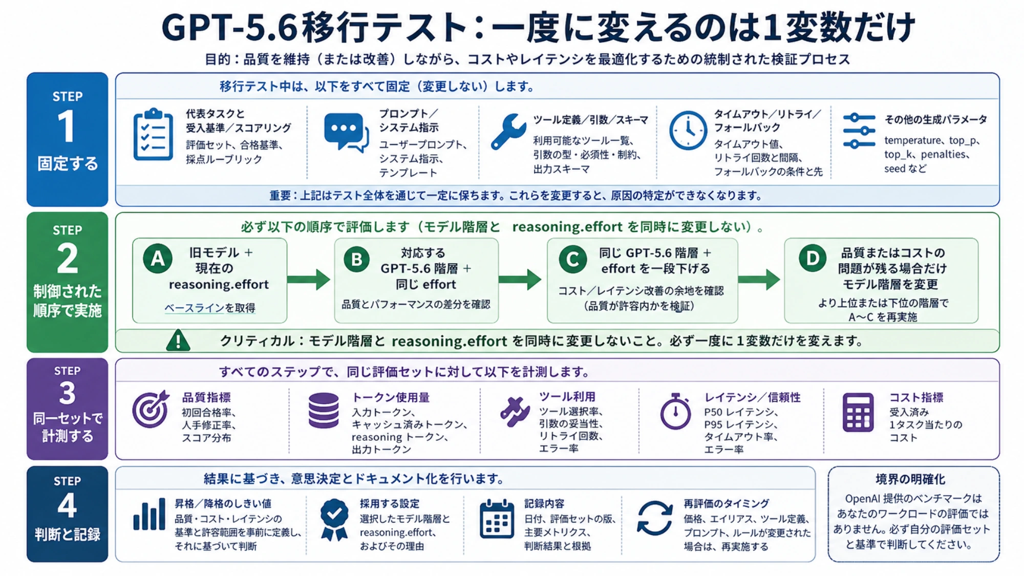 GPT-5.4またはGPT-5.5からGPT-5.6へ移行するとき、固定条件の下で同じeffortと一段低いeffortを順番に比較するテスト方法