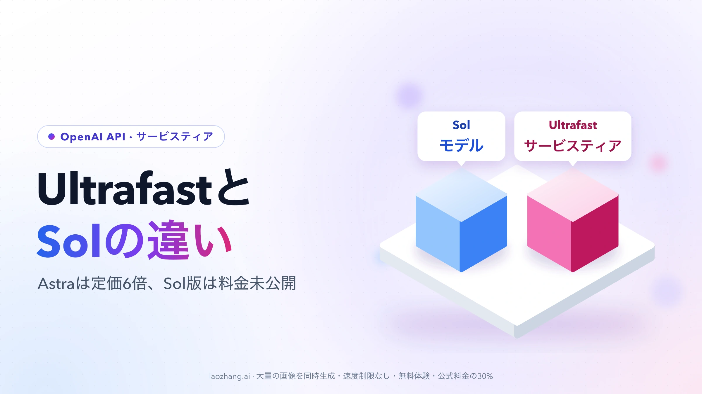 白い台座に青と桃色の立方体が並び、青にはSol=モデル、桃色にはUltrafast=サービスティアの札が付いたカバー画像