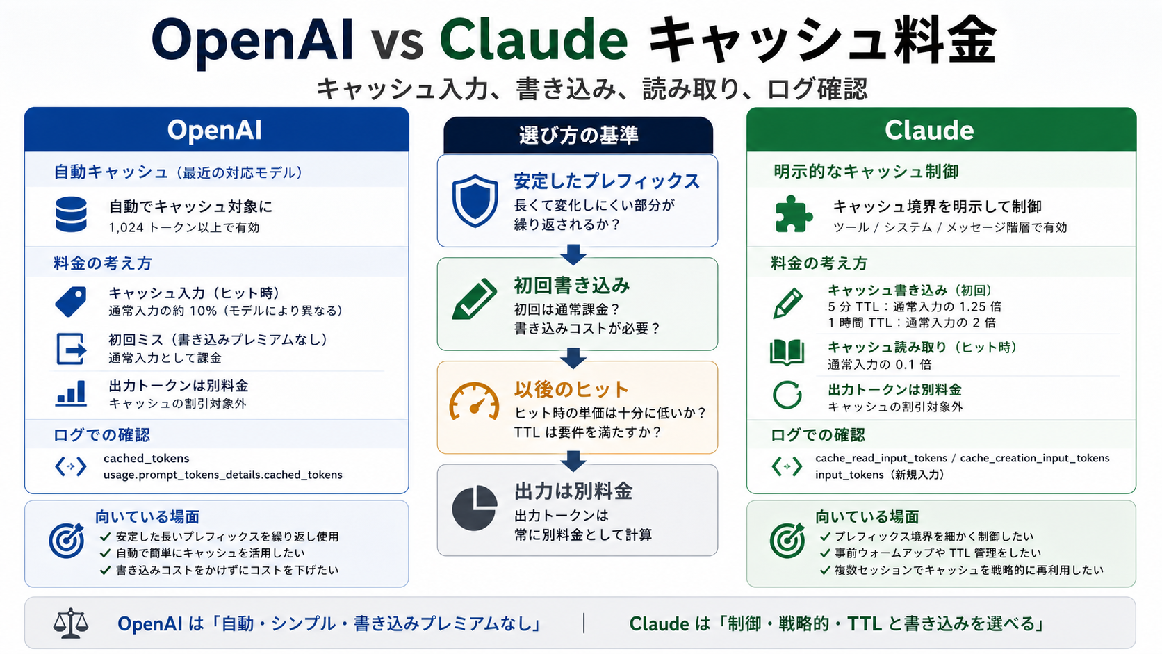 OpenAI vs Claude キャッシュ料金:cached input と cache write/read の損益分岐