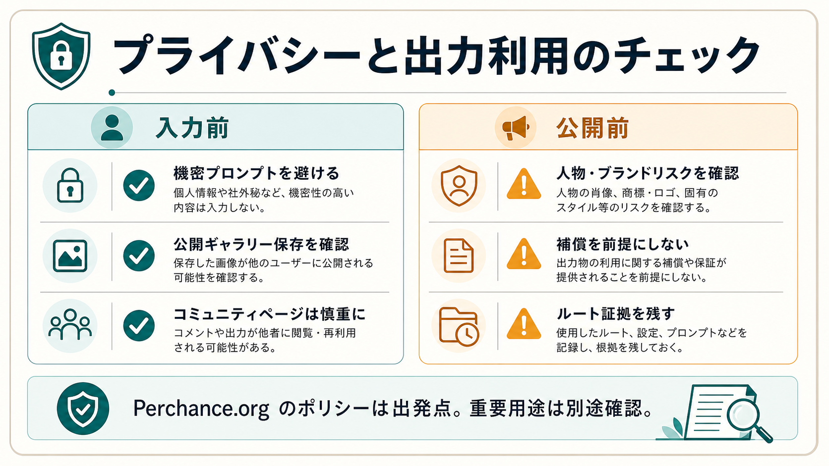 Perchanceのprompt、public gallery、community pages、likeness、brand risk、route evidenceを確認するプライバシーと権利のチェックリスト