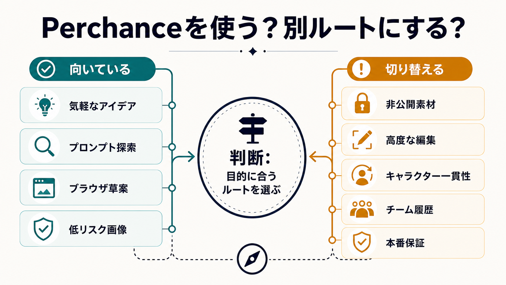 Perchanceがcasual ideationに合う場合と、privacy、editing、consistency、team history、production assuranceで別ツールへ移る場合を示す判断マトリクス