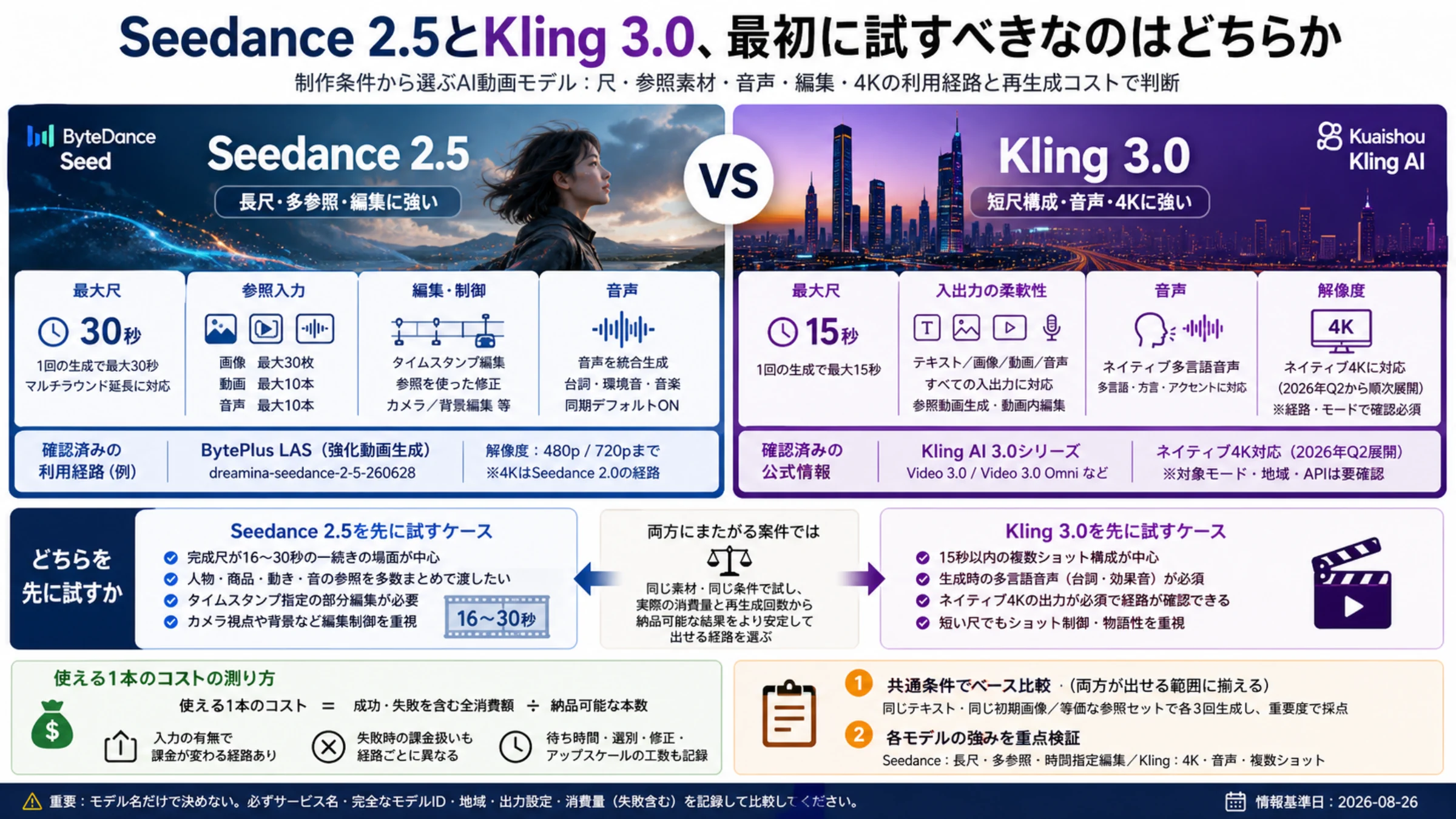Seedance 2.5とKling 3.0の制作条件、利用経路、実コストによる最初のテスト判断