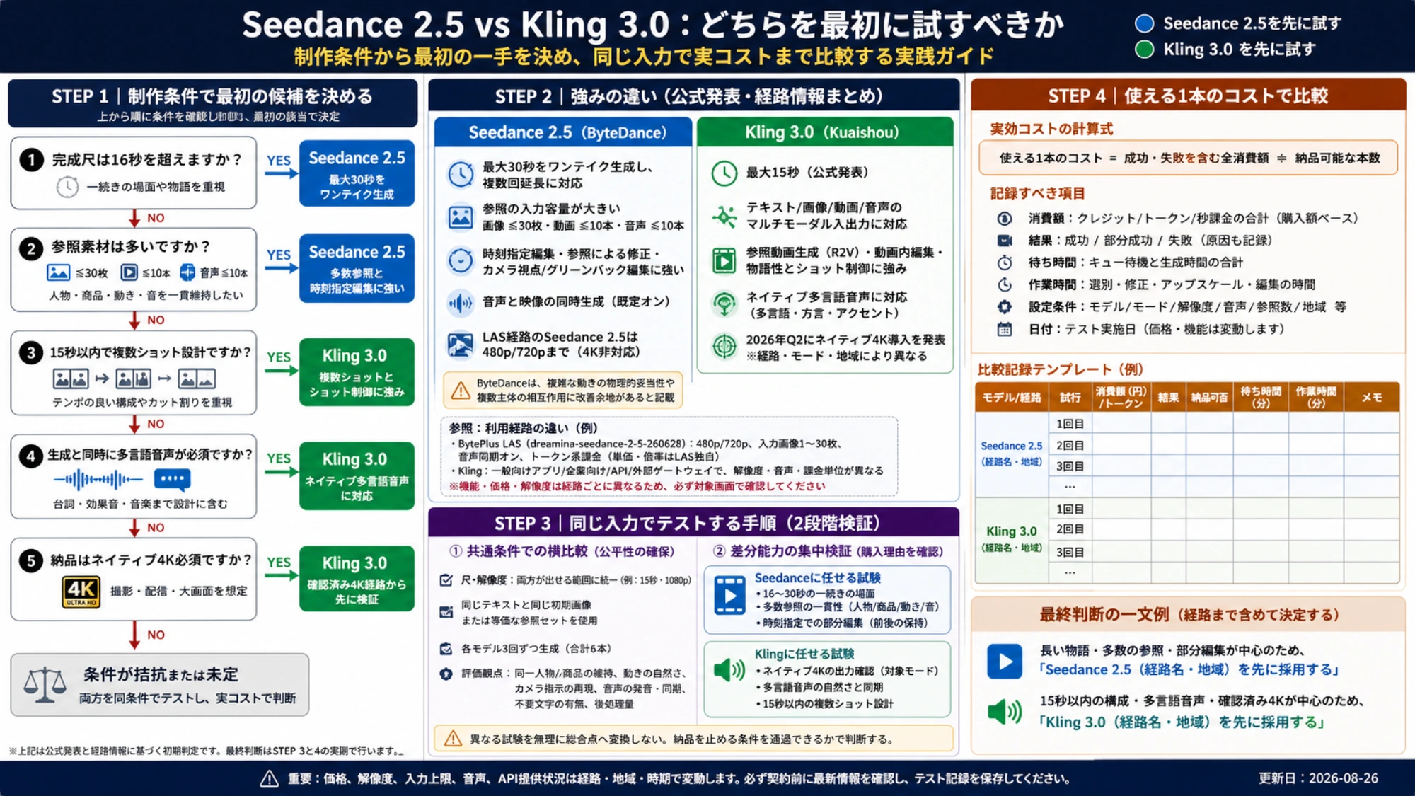 Seedance 2.5とKling 3.0の経路確認、同一入力テスト、実コスト記録テンプレート