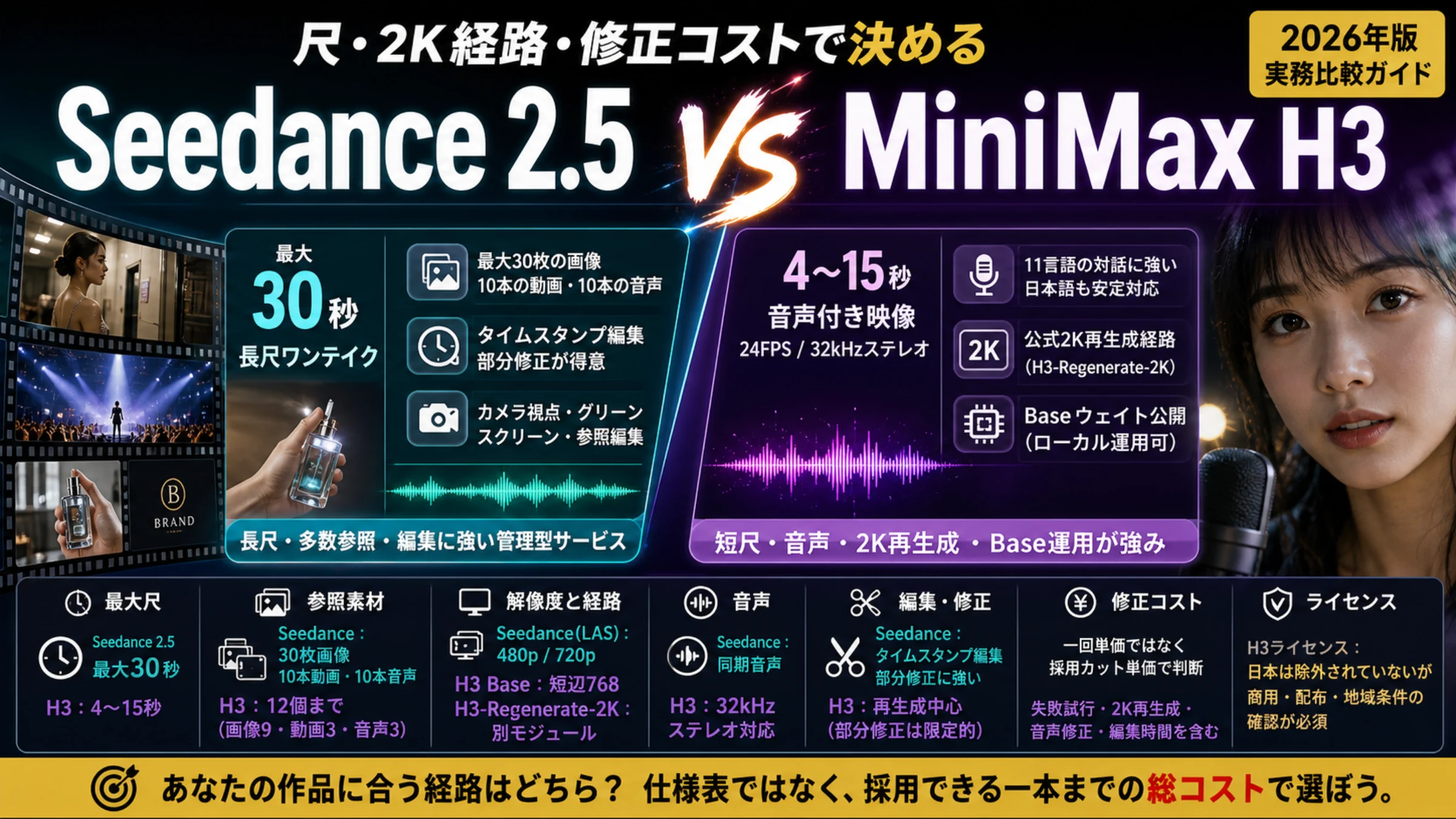 Seedance 2.5とMiniMax H3を尺、参照素材、音声、2K経路、修正コスト、ライセンスで比べる日本語実務ガイド