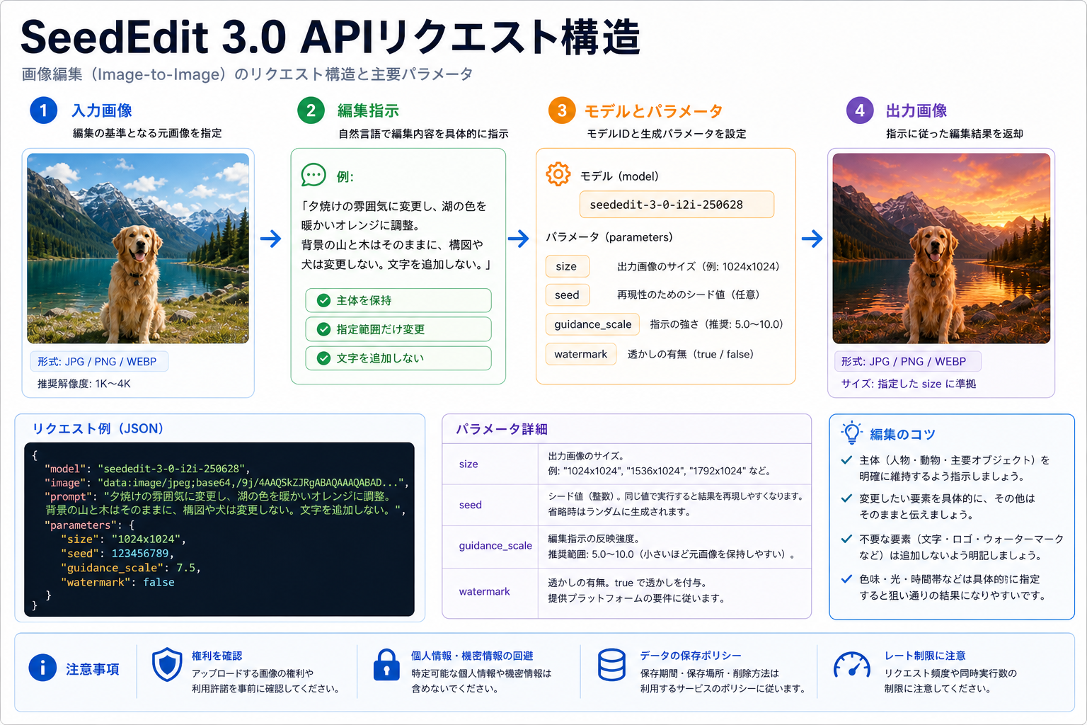 SeedEdit 3.0 APIリクエスト構造。入力画像、編集指示、モデルID、パラメータ、出力画像を示す。