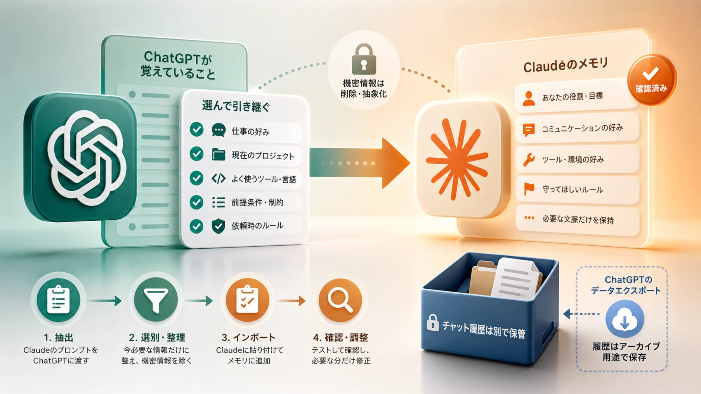 ChatGPTから選別した仕事の好みとコンテキストをClaudeへ移し、チャット履歴は別に保管する流れ