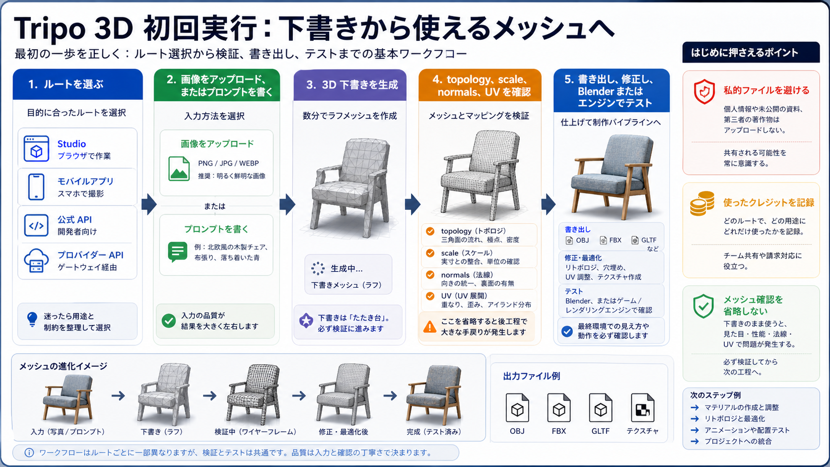 画像またはテキストからTripoの3Dドラフトを作り、mesh確認、export、cleanupへ進む流れ