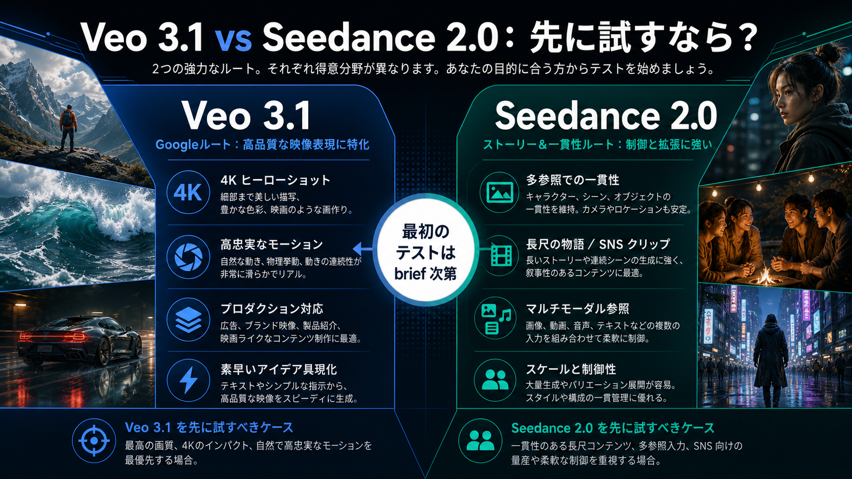 Veo 3.1 と Seedance 2.0 の最初のテスト先を分ける判断ボード