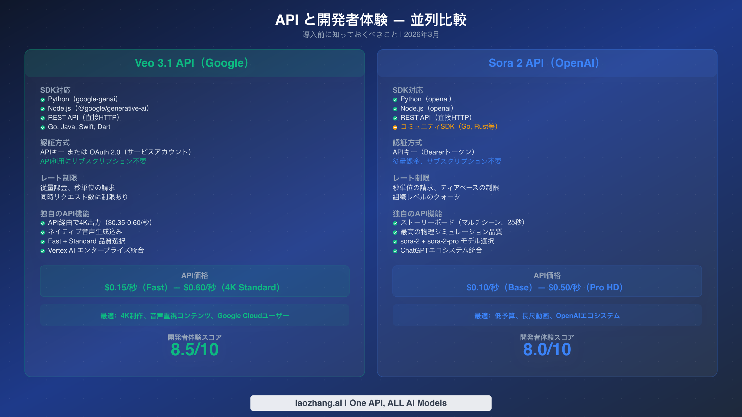 Veo 3.1 Gemini APIとSora 2 OpenAI APIの開発者体験比較：SDK対応言語と機能一覧