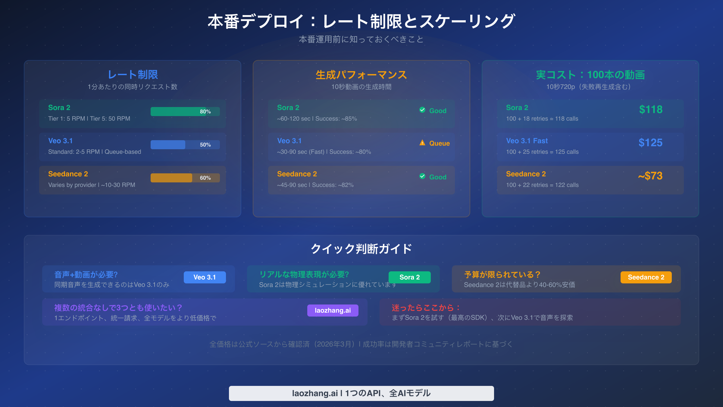 レート制限、生成パフォーマンス、100本の動画生成の実質コストを示す本番デプロイの概要図