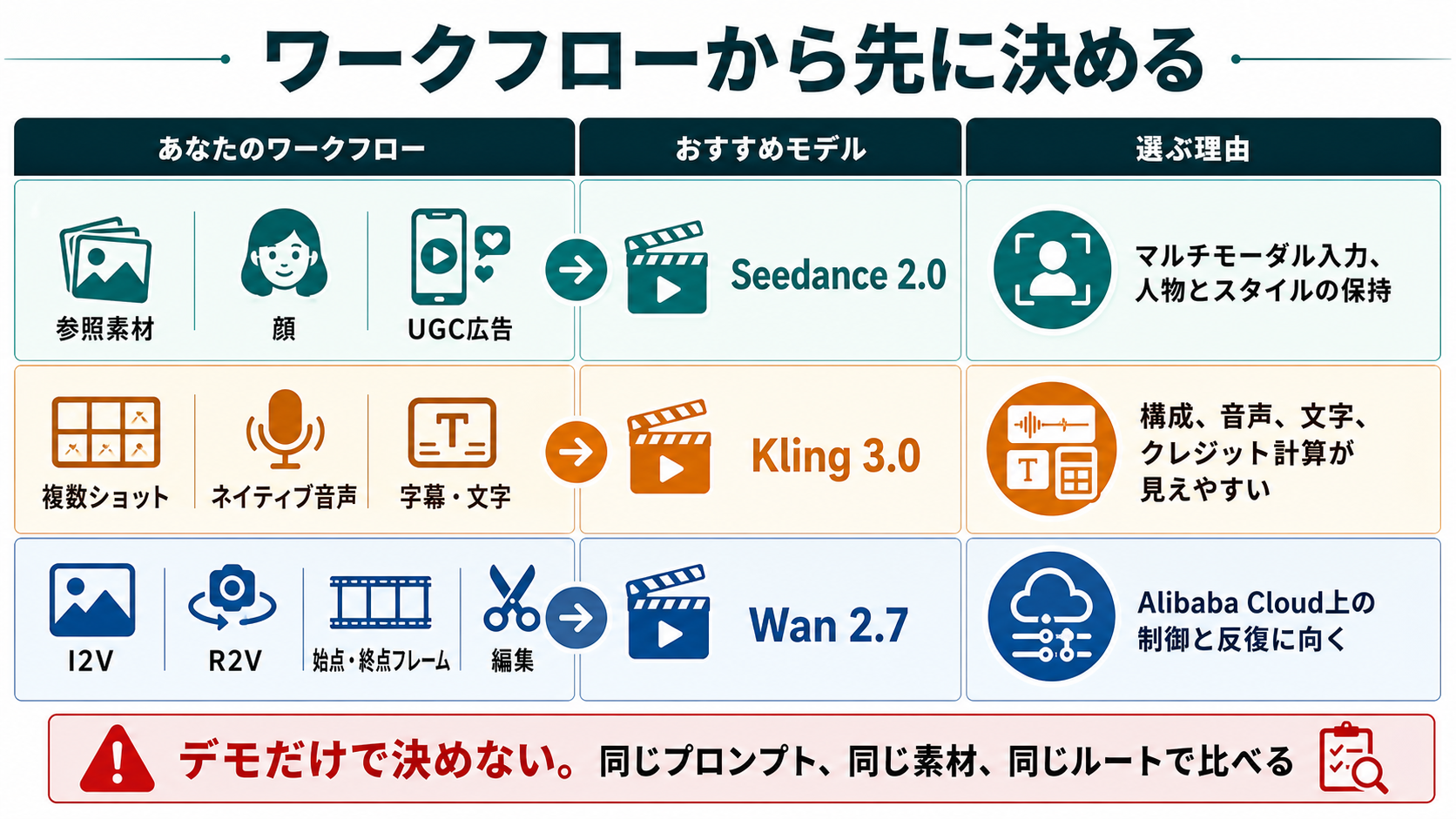 Seedance 2.0、Kling 3.0、Wan 2.7 のどれを先に試すかをワークフロー別に示す表