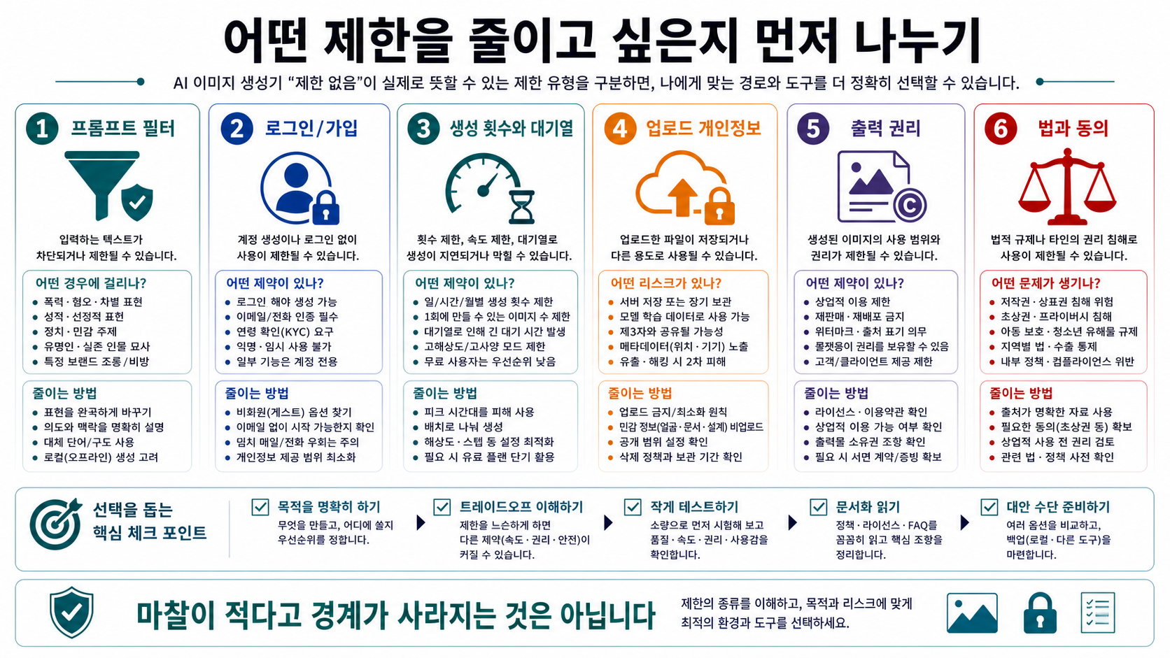 AI 이미지 생성 제한을 필터, 가입, 횟수, 개인정보, 권리, 동의로 나눈 분류도