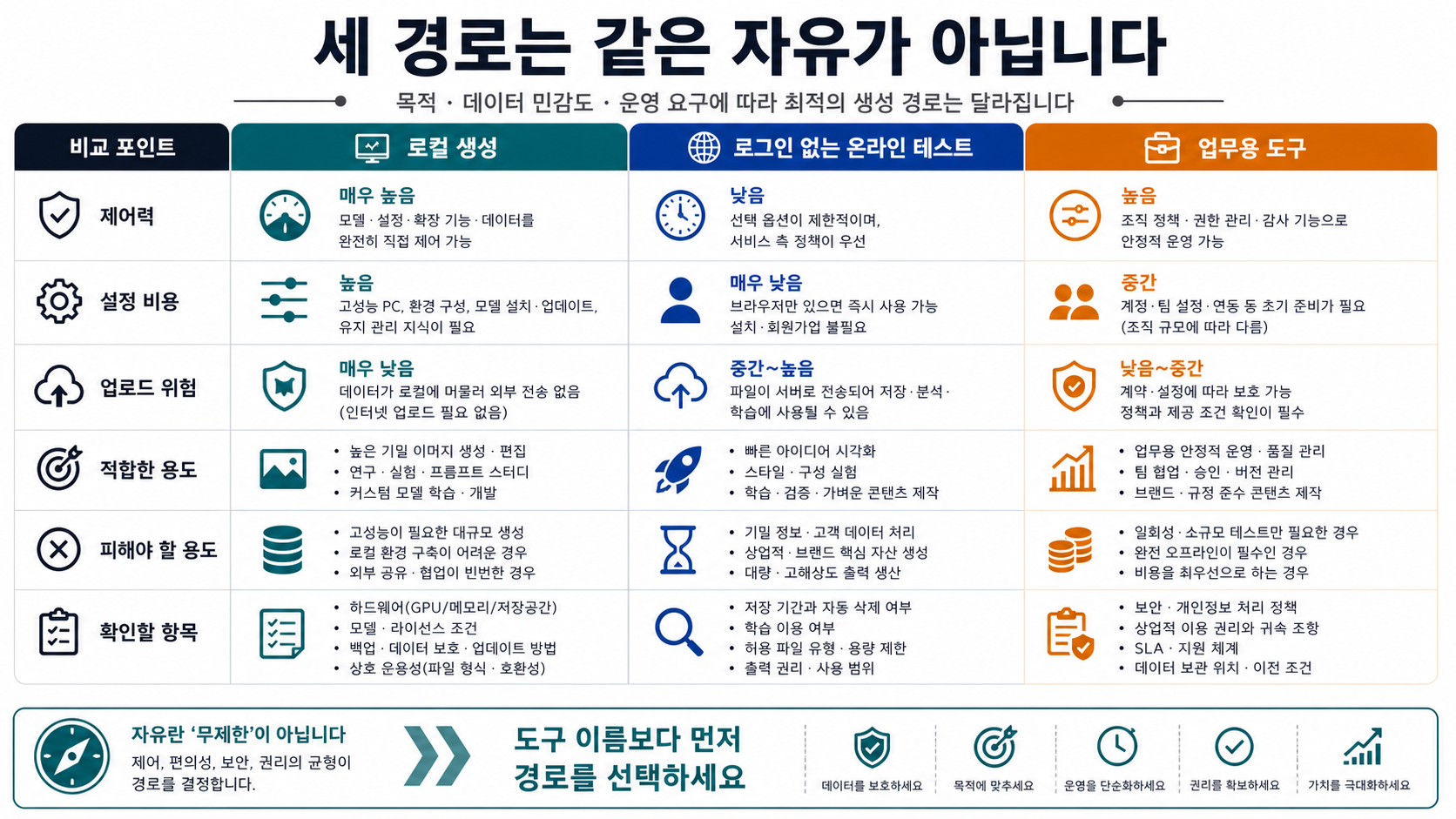 로컬 생성, 로그인 없는 온라인 테스트, 업무용 도구를 비교하는 매트릭스